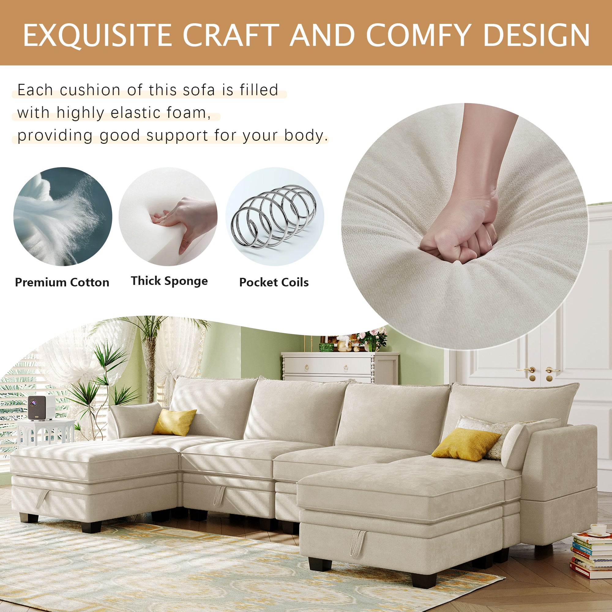 Modern Large U-Shape Modular Sectional Sofa,  Convertible Sofa Bed with Reversible Chaise - Beige