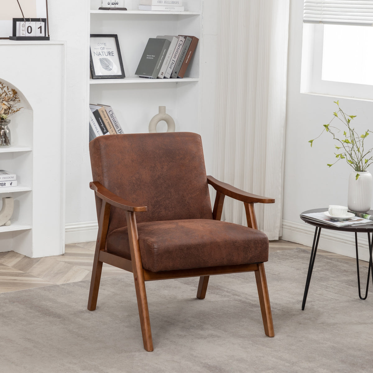 Accent Chair with Microfiber Upholstery and Solid Wood Frame, Classic Mid-Century Modern Living Room Furniture for Extra Seating, Light Brown