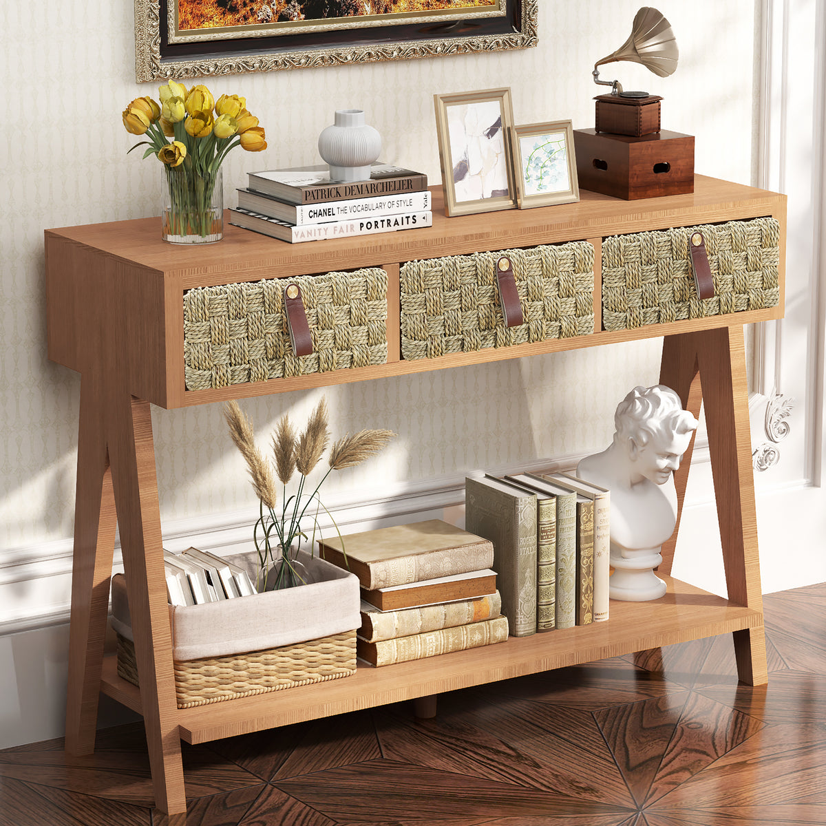 Mid Century Modern Console Table with Storage for Entryway - Brown Oak