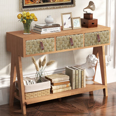 Mid Century Modern Console Table with Storage for Entryway - Brown Oak