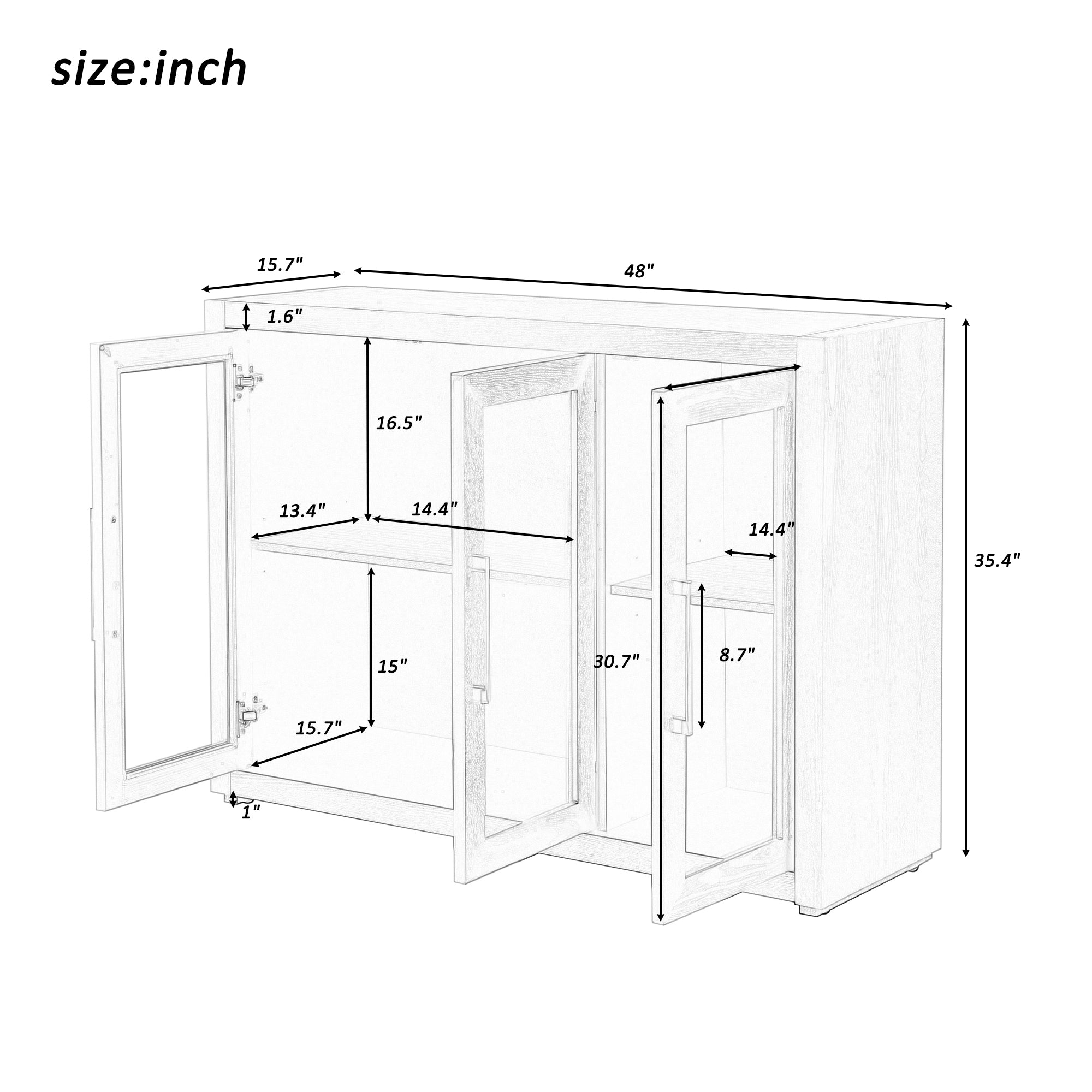 Wood Storage Cabinet with Three Tempered Glass Doors and Adjustable Shelf (Grey)