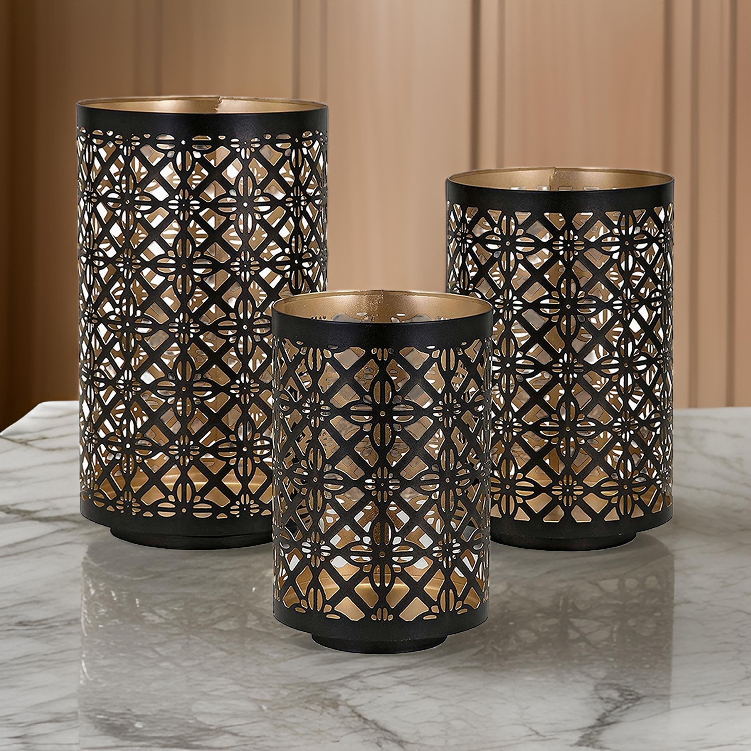 Set of 3 Rounded Iron Candle Holder Lanterns, Matte Black Gold Latticework