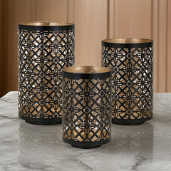 Set of 3 Rounded Iron Candle Holder Lanterns, Matte Black Gold Latticework