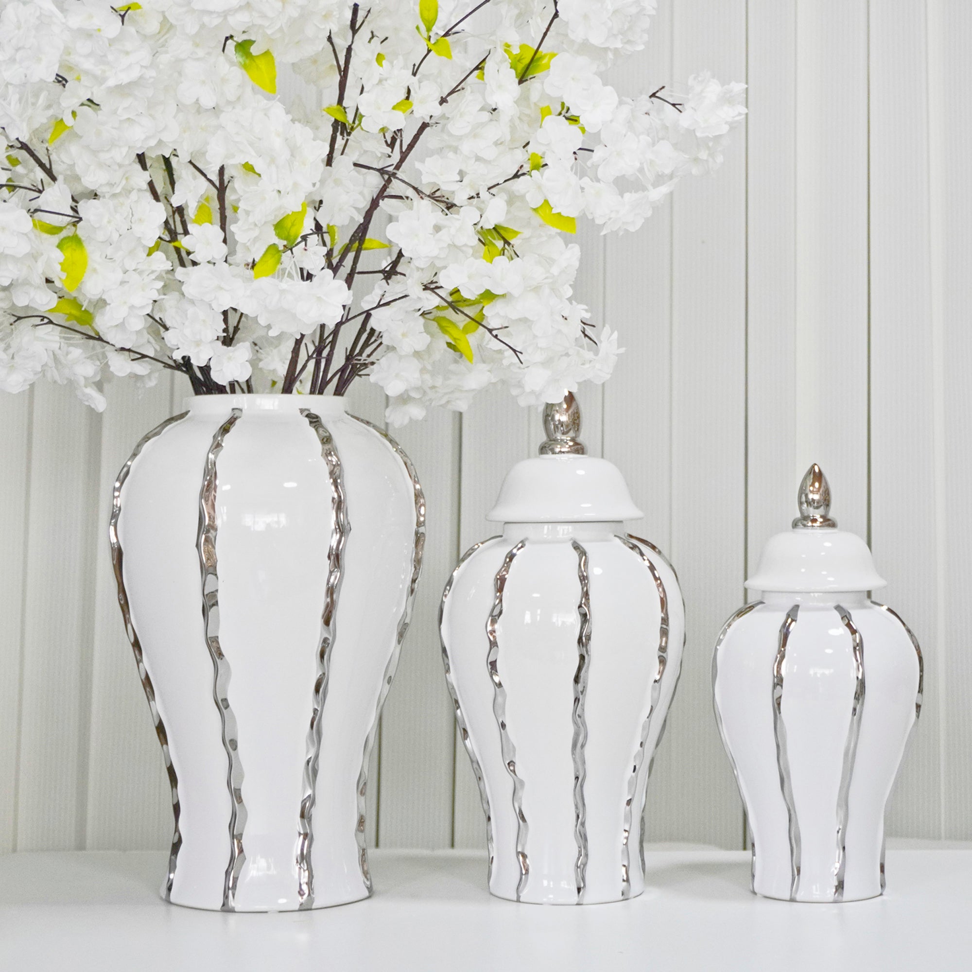15"H White Ginger Jar with Silver Ornament
