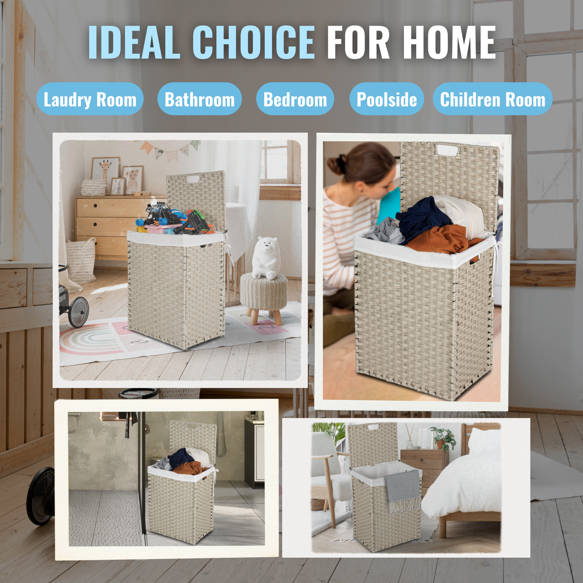 Laundry Hamper With Lid PE Rattan Powder Coating Frame Clothes with 2 Removable Bags, 100L - Light Grey