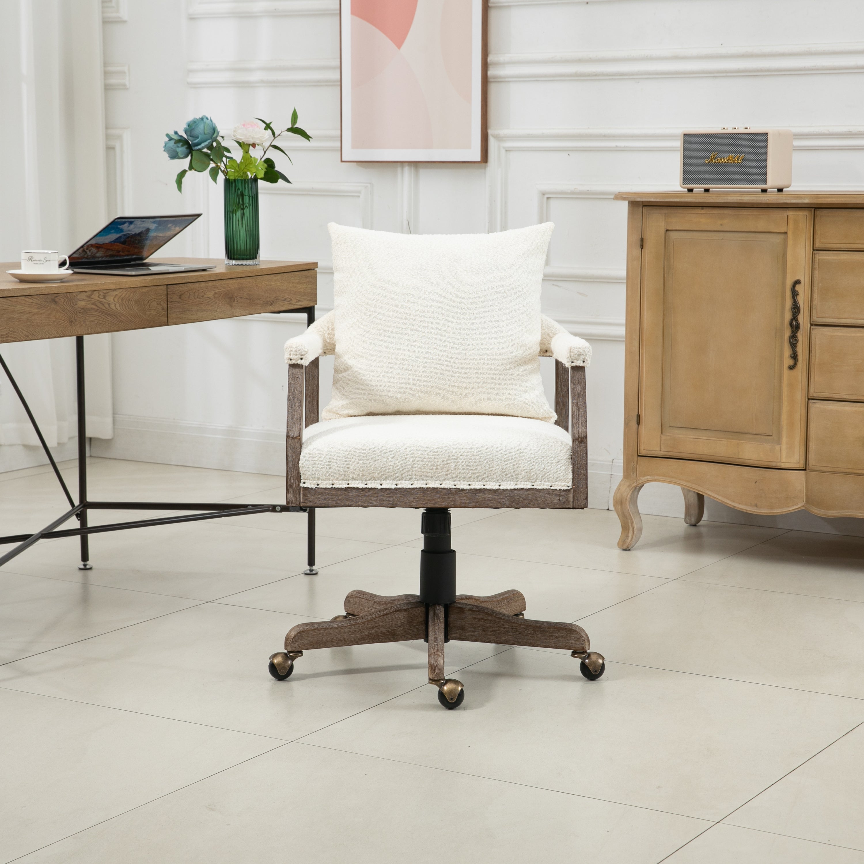 Office Chair Adjustable Swivel Chair Fabric Seat Home Study Chair - Beige