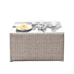 Stylish Handcrafted Wicker Coffee Table with Tempered Glass and Rustproof Aluminum Frame in Grey Mix