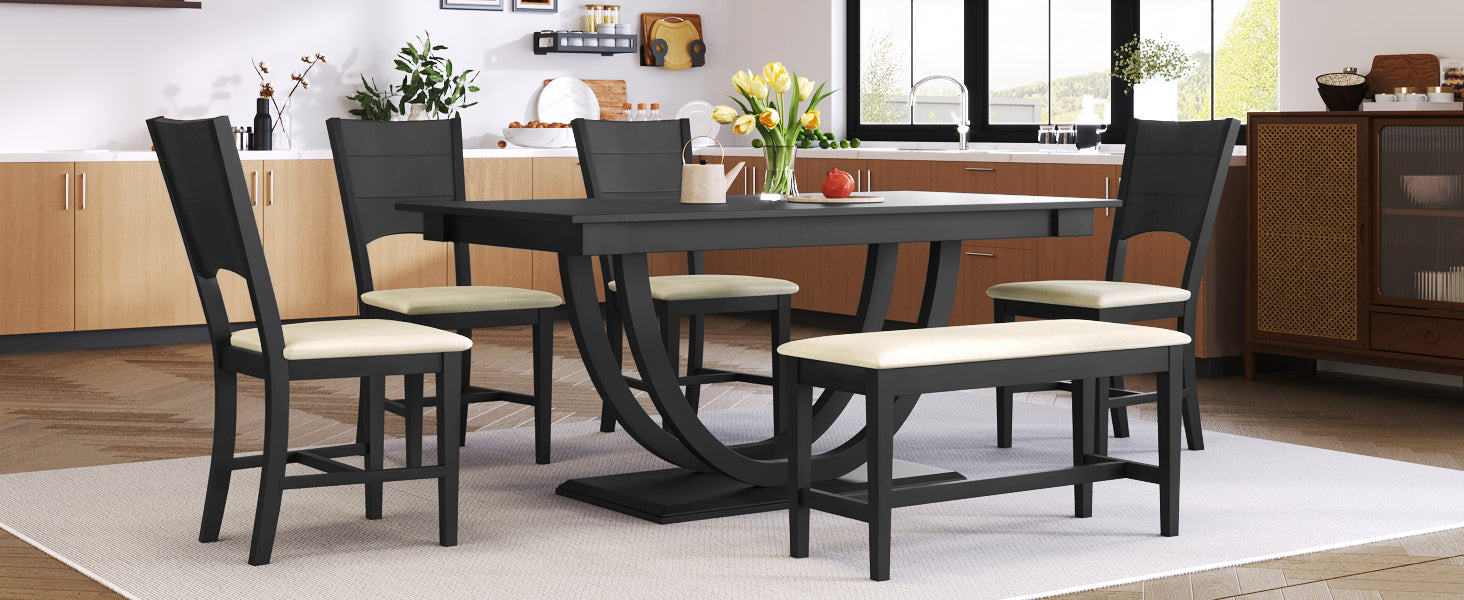 6-Piece Wood Half Round Dining Table Set with Long Bench and 4 Dining Chairs - Grey