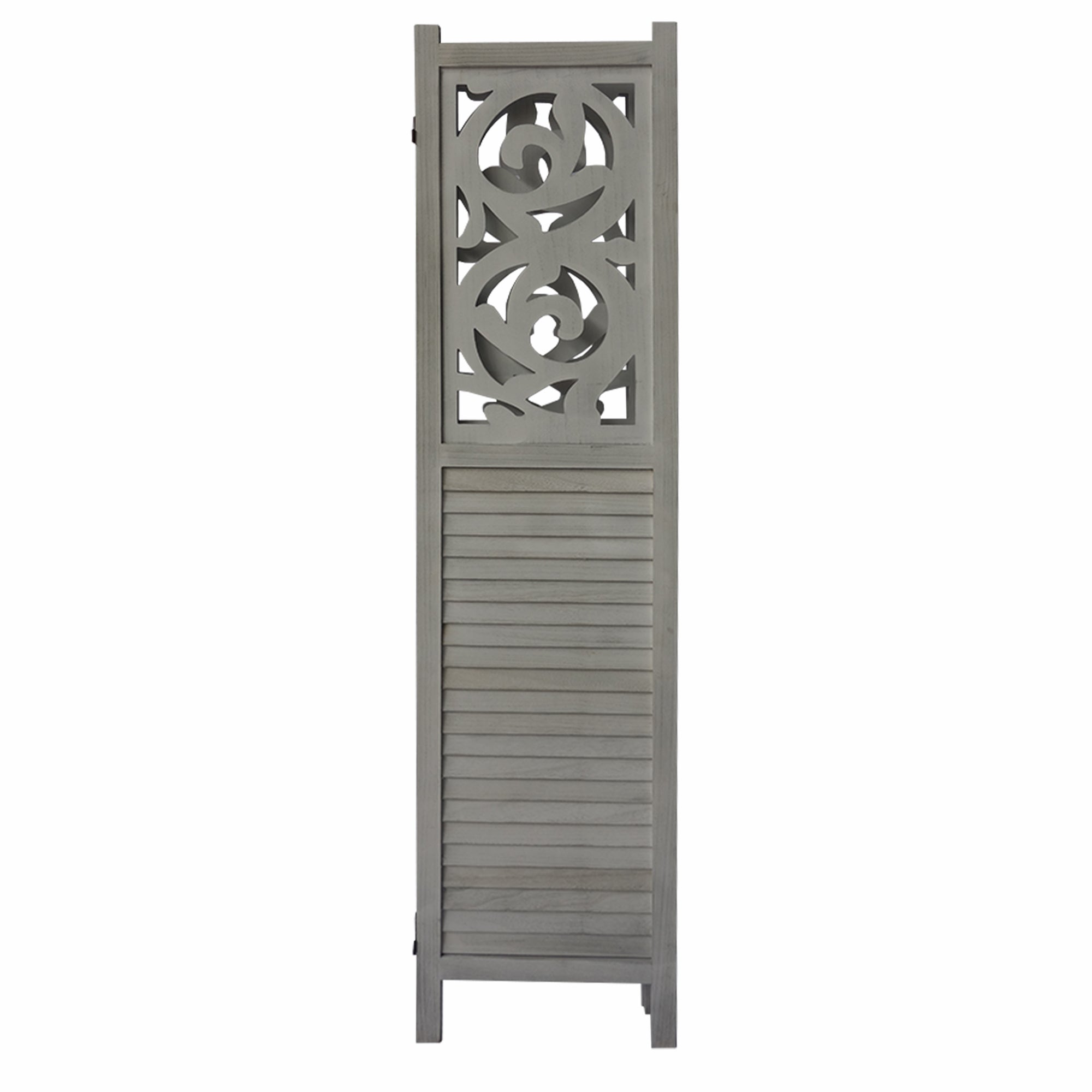 Paulownia Wood Panel Divider Screen, 67 Inch Ornate Scrolled Shutter Design, 3 Panels - Rustic Gray