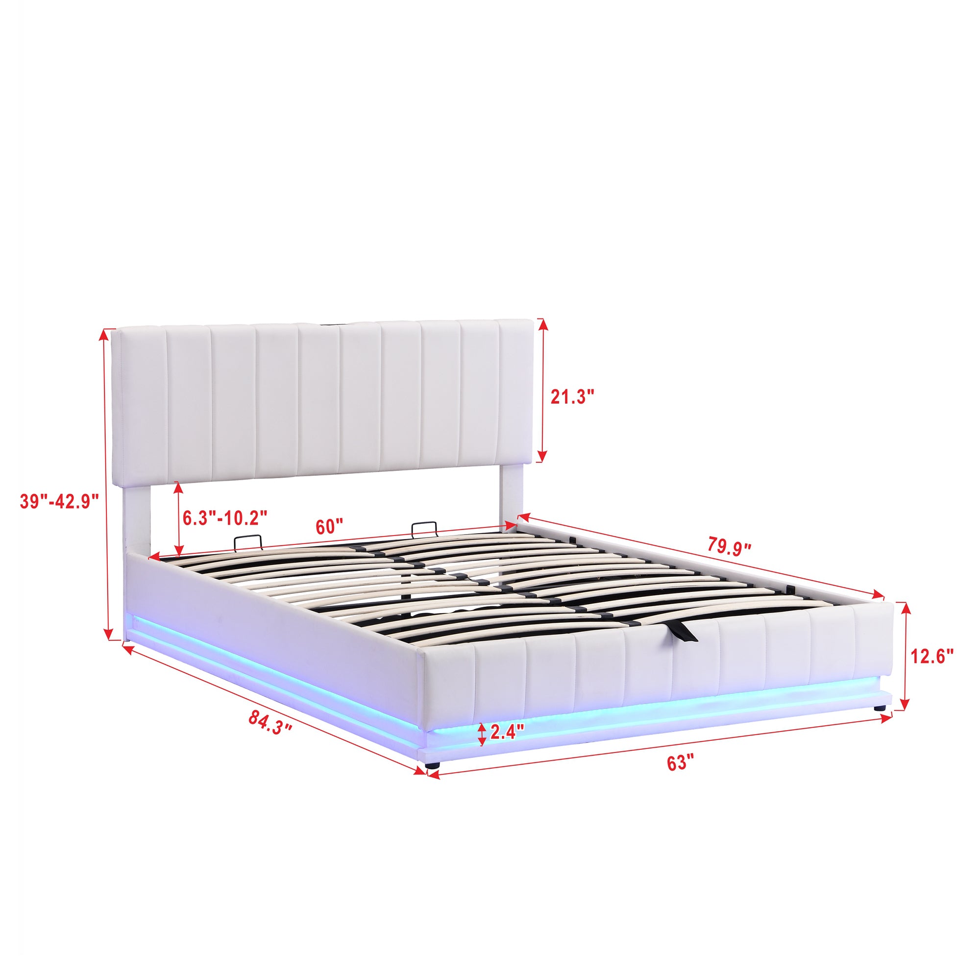 Queen Size Upholstered Bed with Hydraulic Storage System and LED Light, Modern Platform Bed with Sockets and USB Ports - White