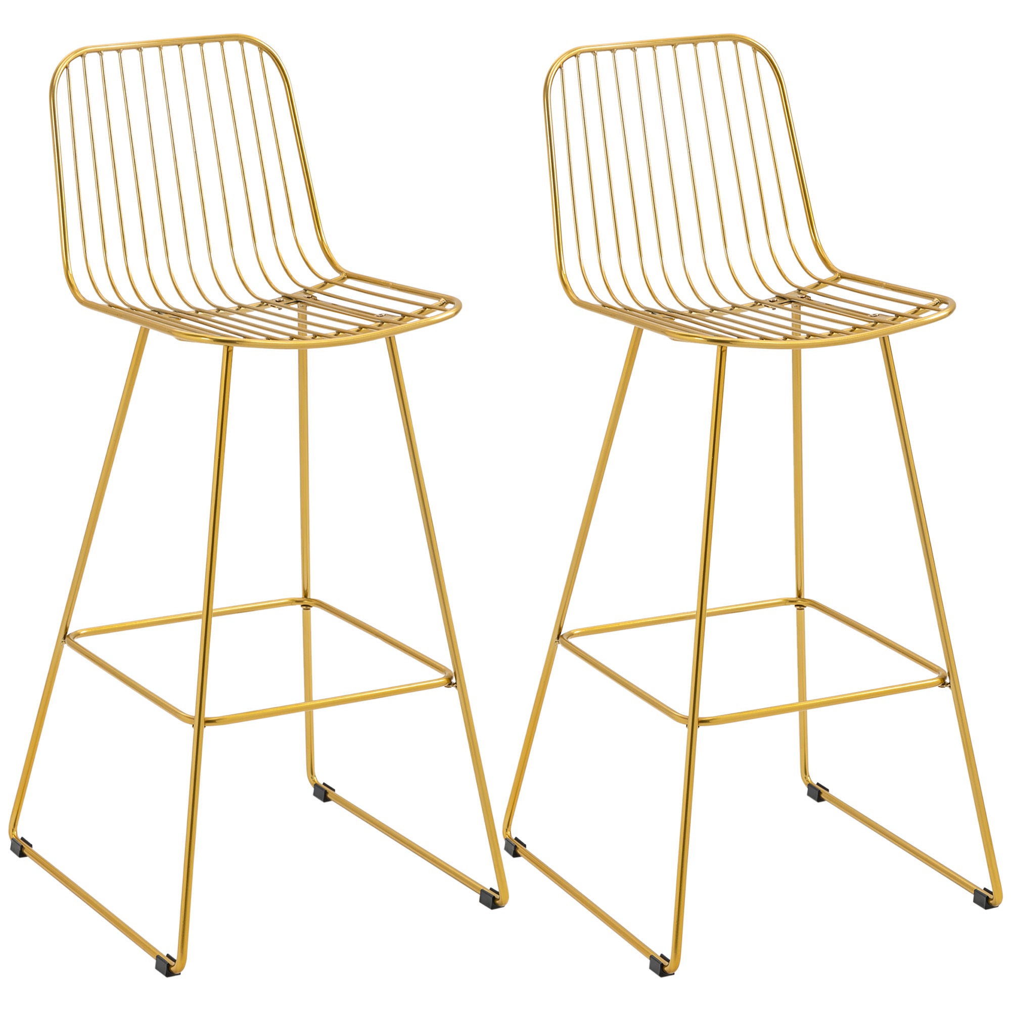 Set of 2 Gold Modern Bar Stools, Metal Wire Bar Height 30" with Back and Footrest