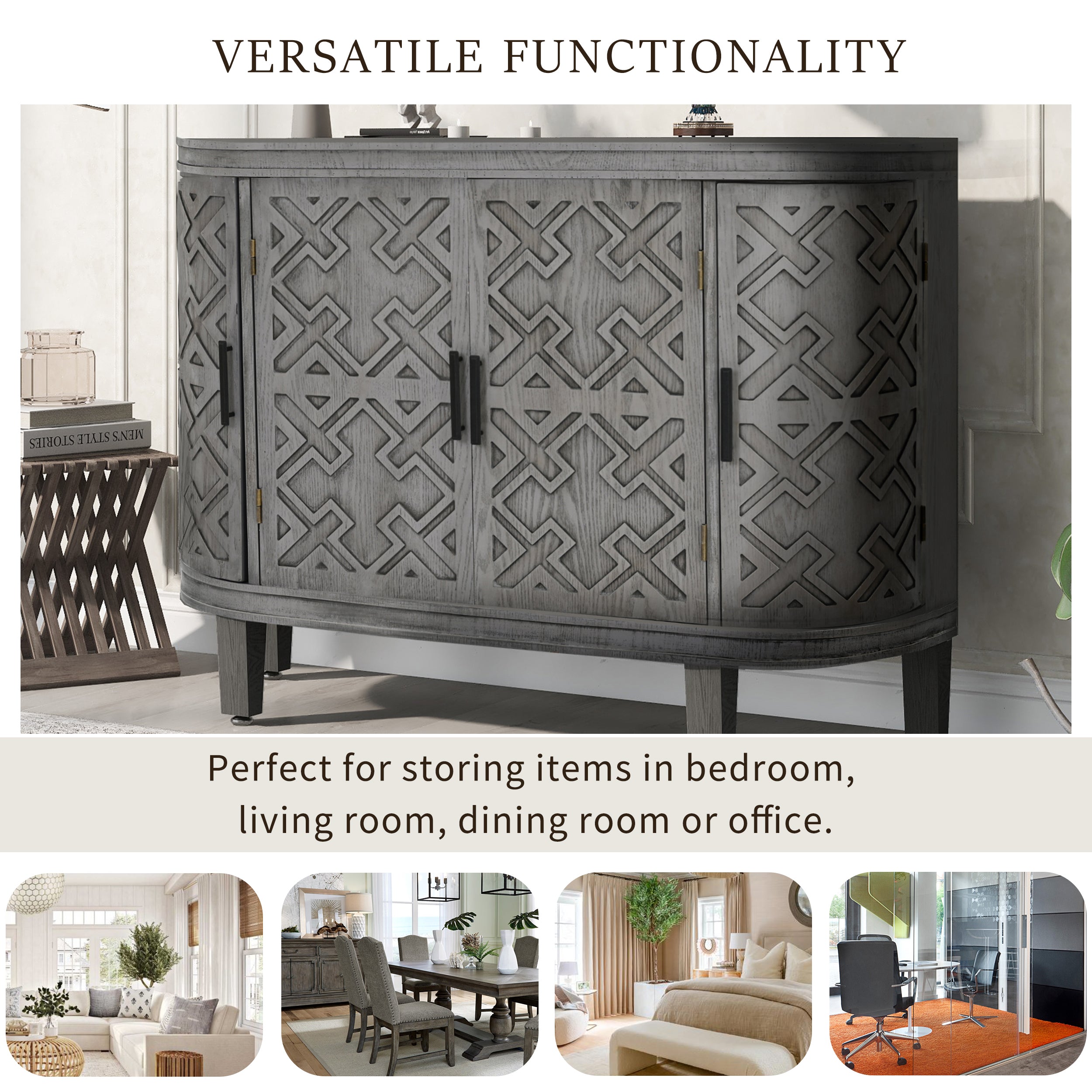 Accent Storage Cabinet Sideboard Wooden with Antique Pattern Doors - Grey