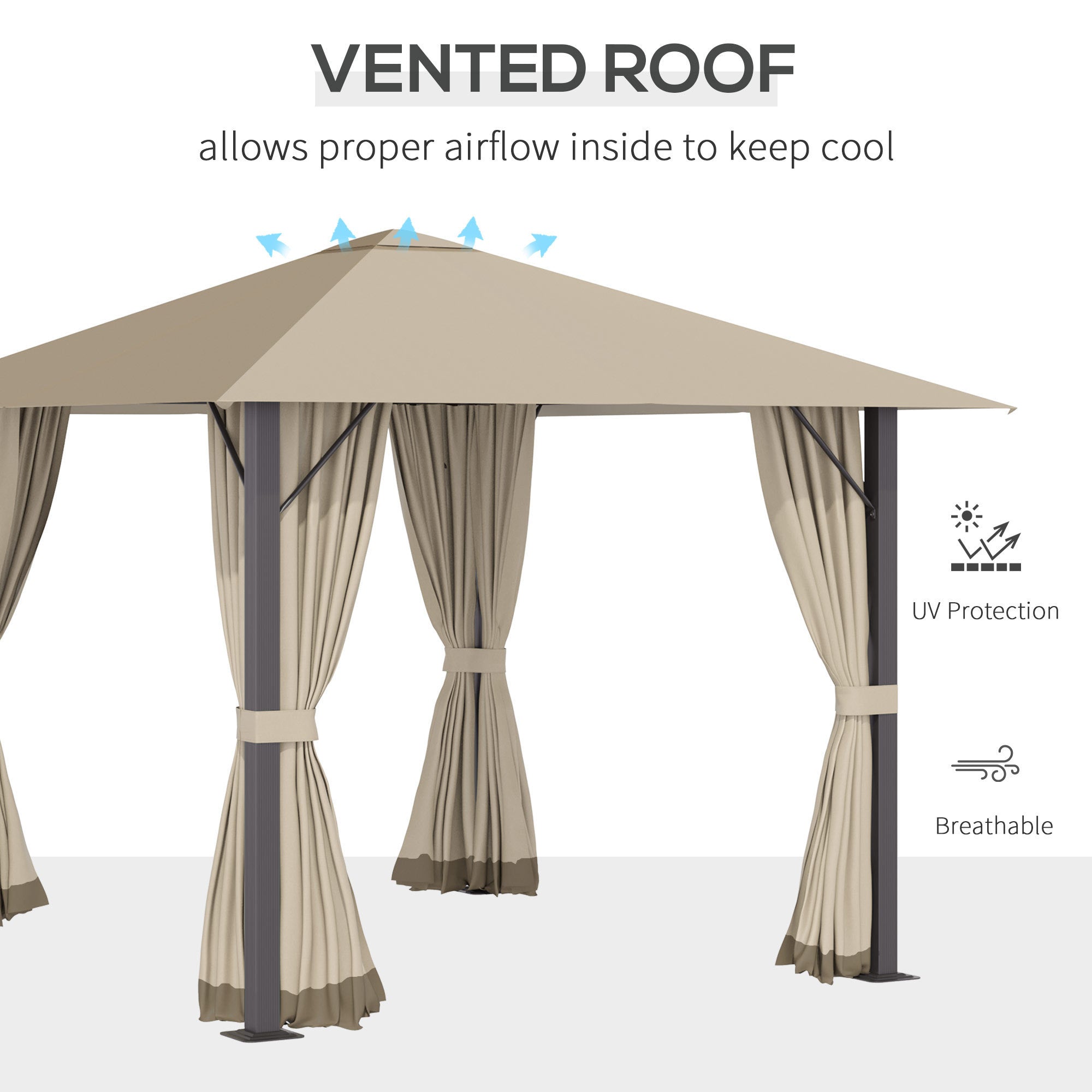 10'x10' Patio Gazebo Aluminum Frame Outdoor Canopy Shelter with Sidewalls, Vented Roof for Garden, Lawn, Backyard, and Deck - Khaki