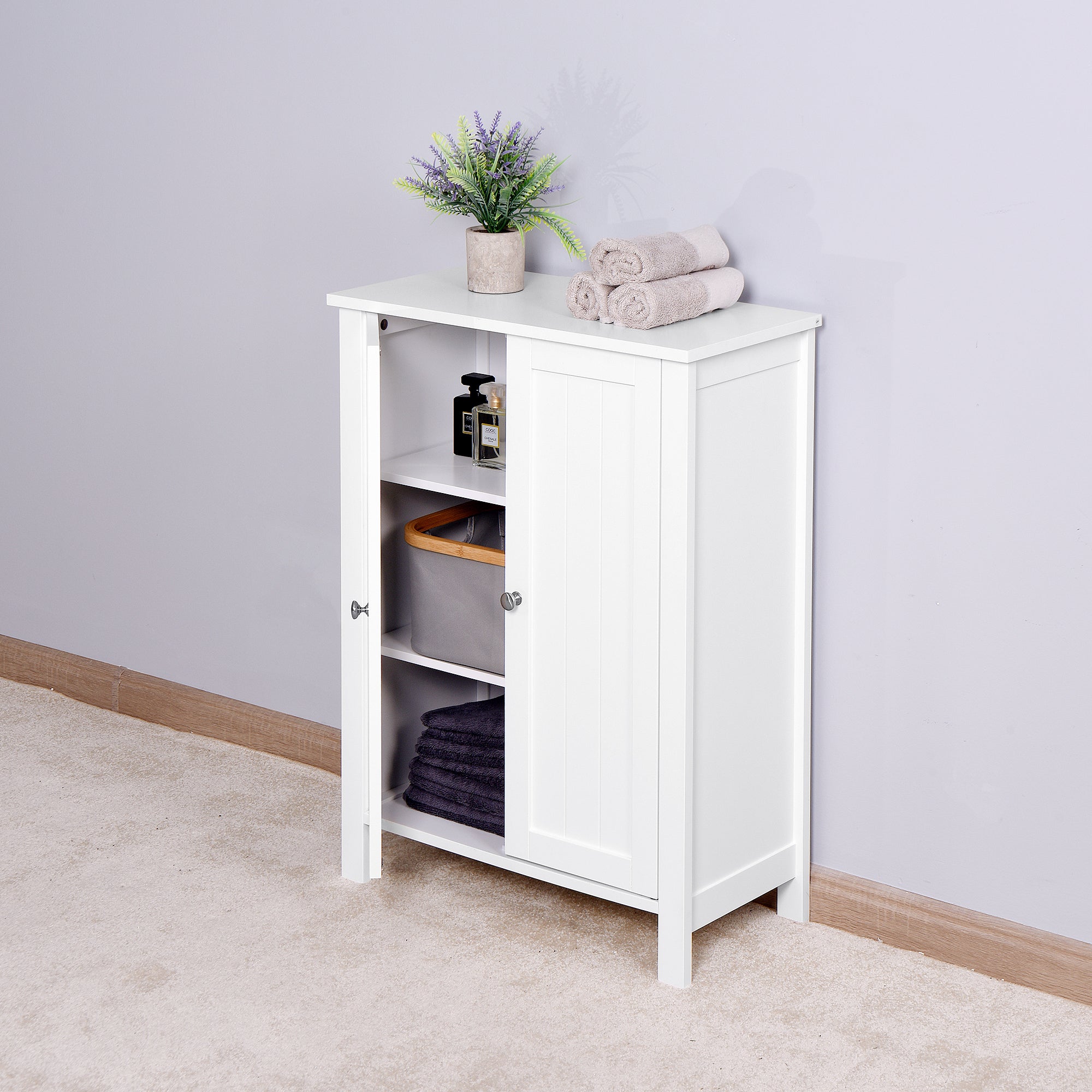 Bathroom Floor Storage Cabinet with Double Door Adjustable Shelf - White