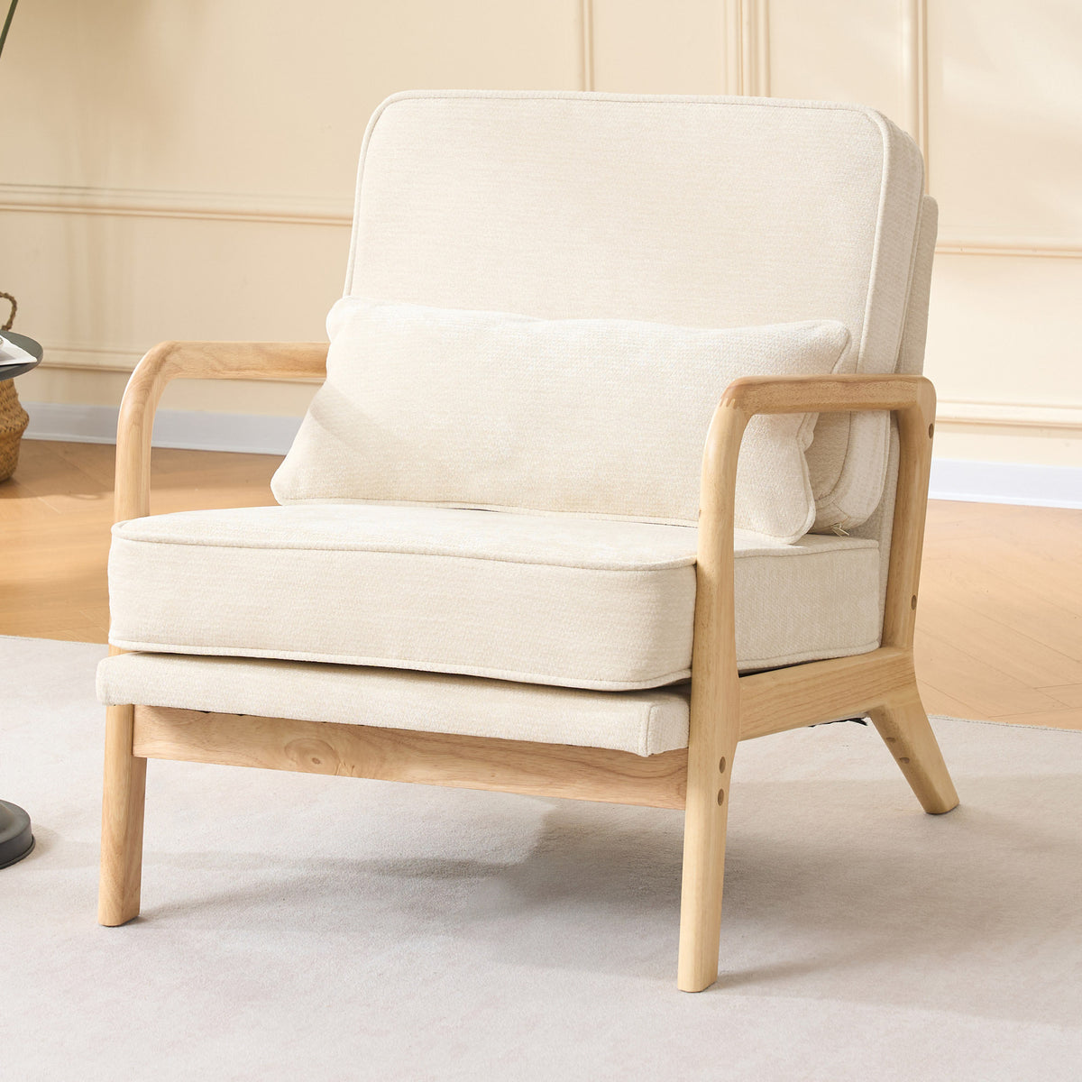 Comfy Accent Chair Single, Upholstered Living Room Chair with Curved Wood Armrests and  Lumbar Cushion, for Living Room, Bedroom,Makeup Room, Beige