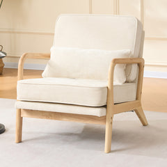 Comfy Accent Chair Single, Upholstered Living Room Chair with Curved Wood Armrests and  Lumbar Cushion, for Living Room, Bedroom,Makeup Room, Beige