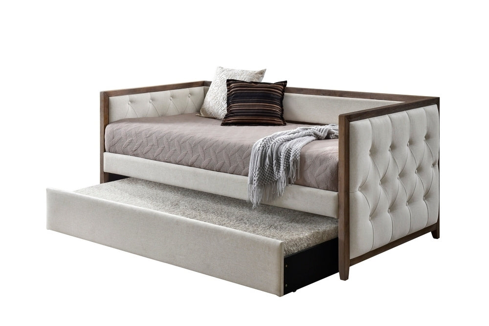 Ultra Stylish Daybed with Trundle 1pc Solid Wood Frame Beige Fabric