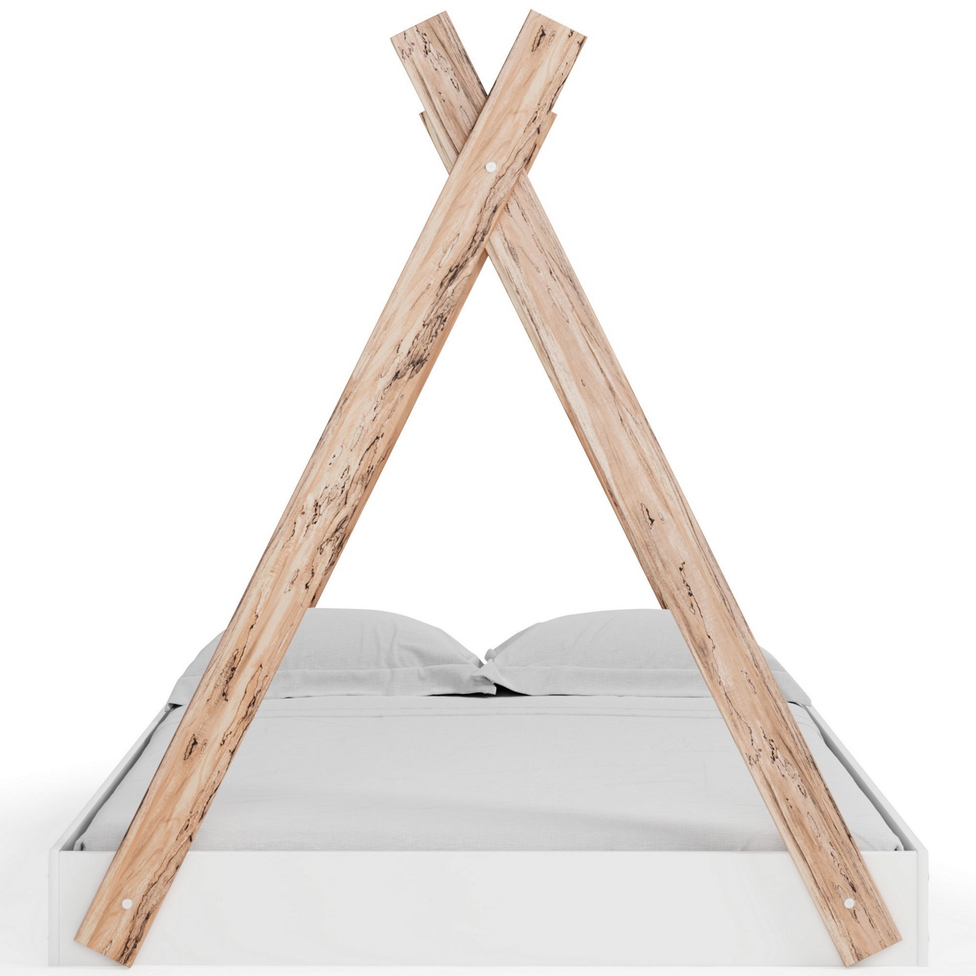 Modern Full Bed, Crossed Wood A Frame Tent Stand, Crisp White Base