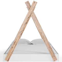 Modern Full Bed, Crossed Wood A Frame Tent Stand, Crisp White Base