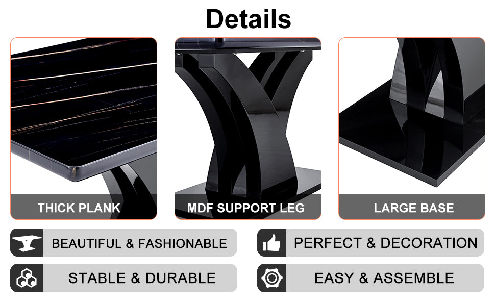 Modern Dining Table, Black Desktop and Black MDF Leg