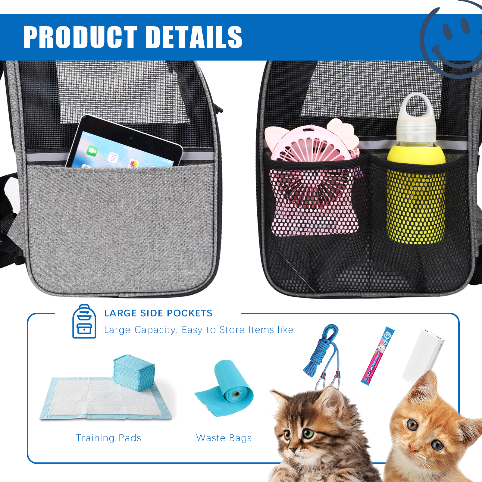 FluffyDream Pet Carrier Backpack for Large/Small Cats and Dogs, Puppies, Safety Features and Cushion Back Support for Travel, Hiking, Outdoor Use-  Black