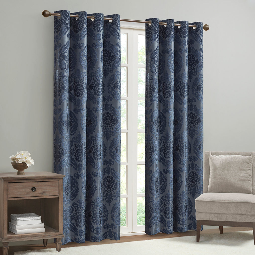 50x84" Knitted Jacquard Paisley Total Blackout Grommet Top Curtain Panel - Navy