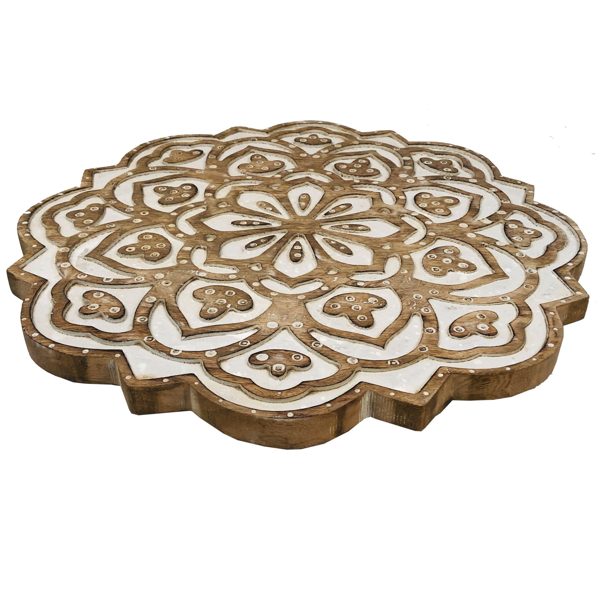 Handcrafted Mango Wood Side End Table, Floral Carved Top, Tripod Base, 18 Inch  - Antique Brown & White