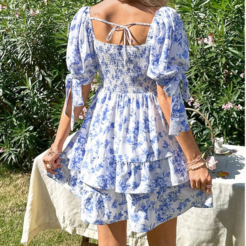 Women's Floral Print Smocked Mini Dress, Square Neck, Puff Sleeve