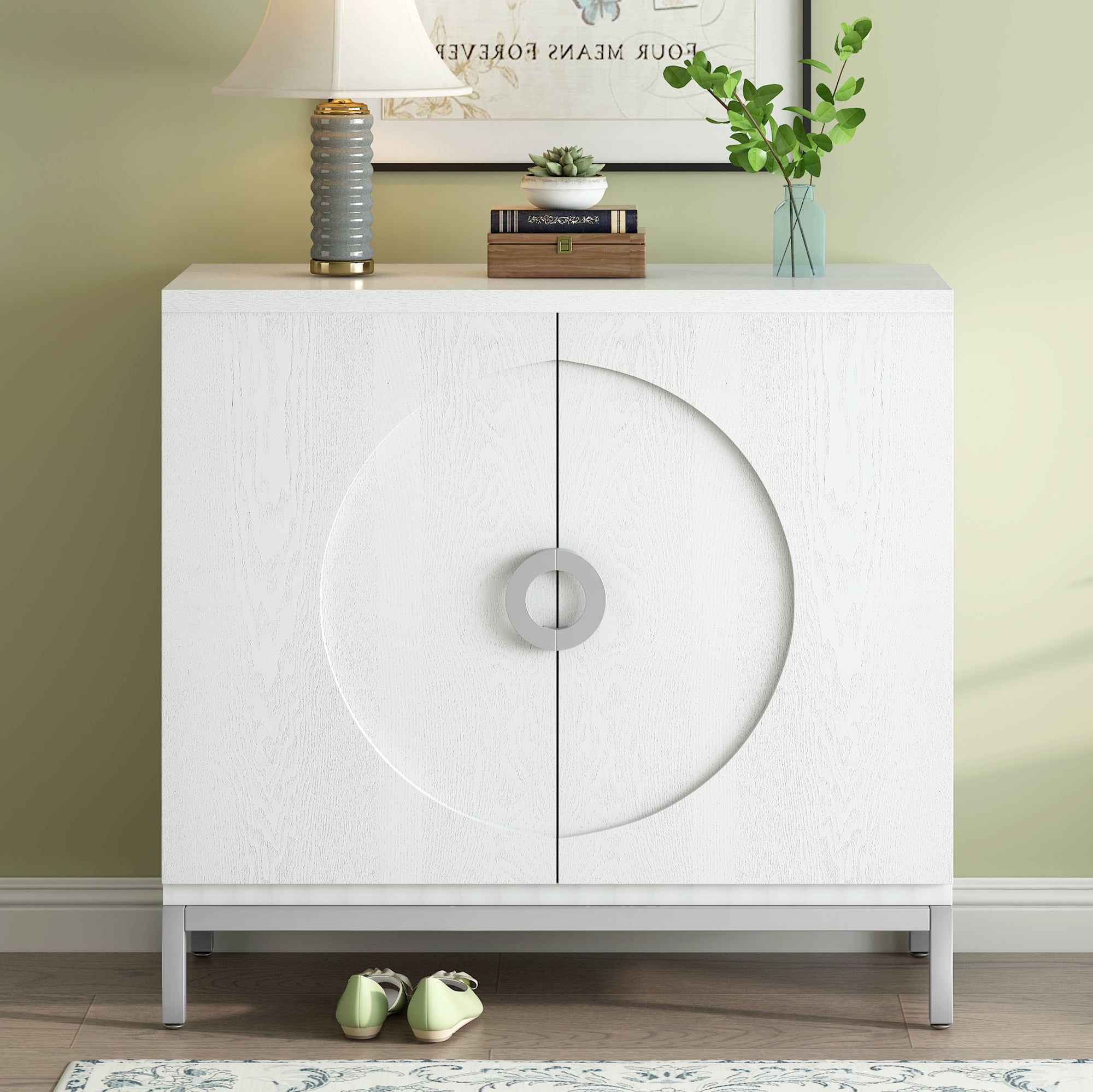 Accent Cabinet with Solid Wood Veneer and Metal Leg Frame for Living Room, Entryway, Dining Room - White