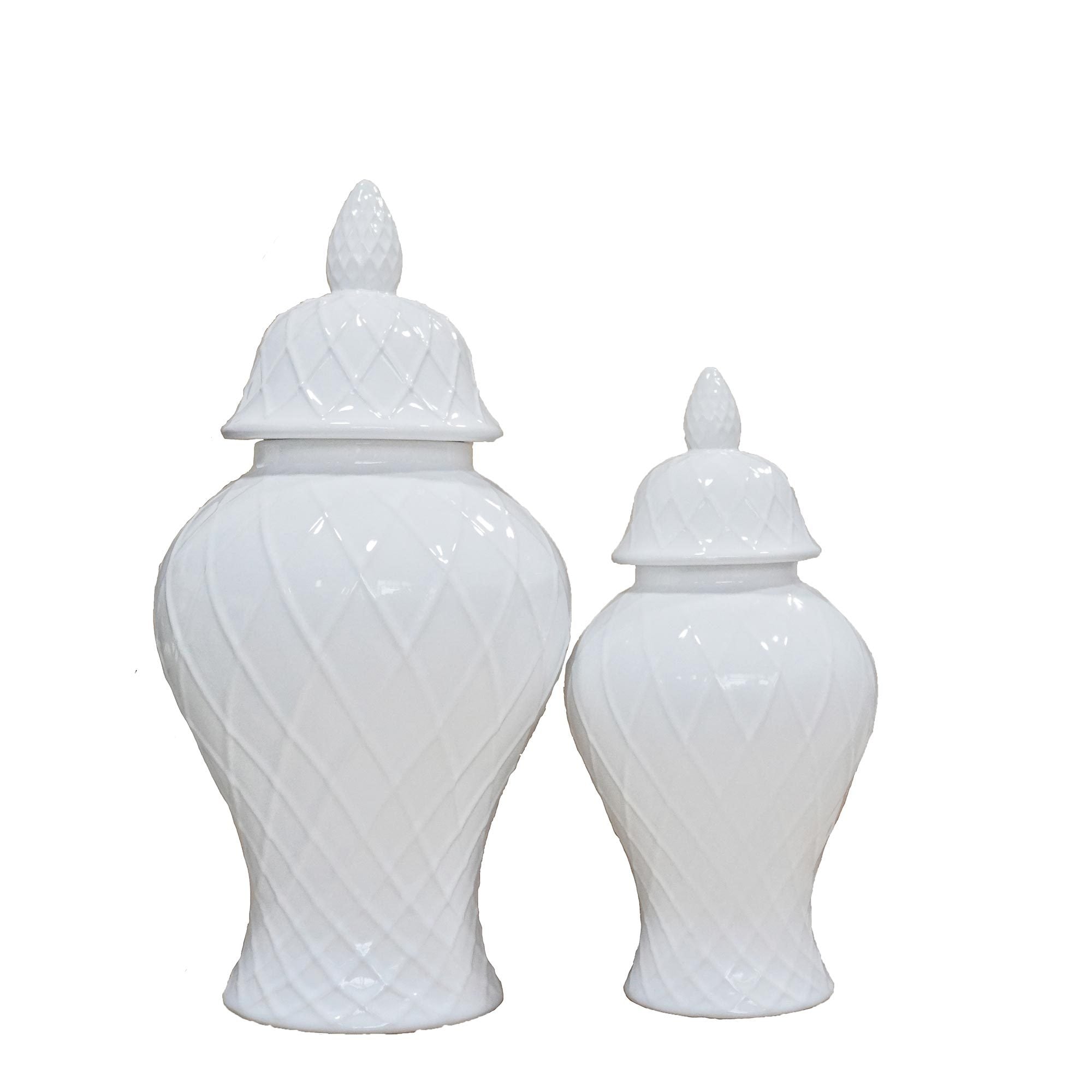 16.50"H Elegant White Ceramic Ginger Jar with Decorative Design