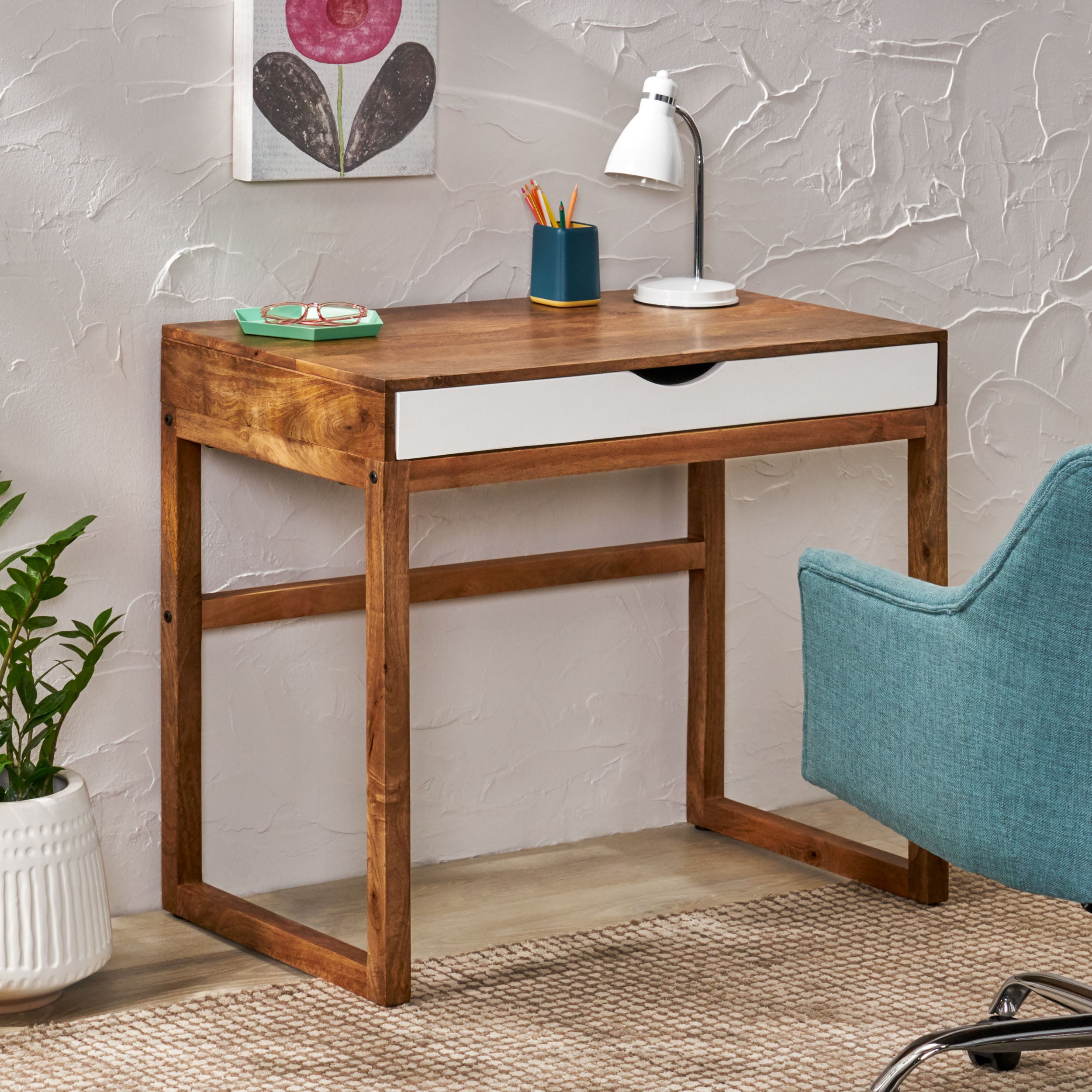 Contemporary Office Desk Mango Wood with drawer - Natural