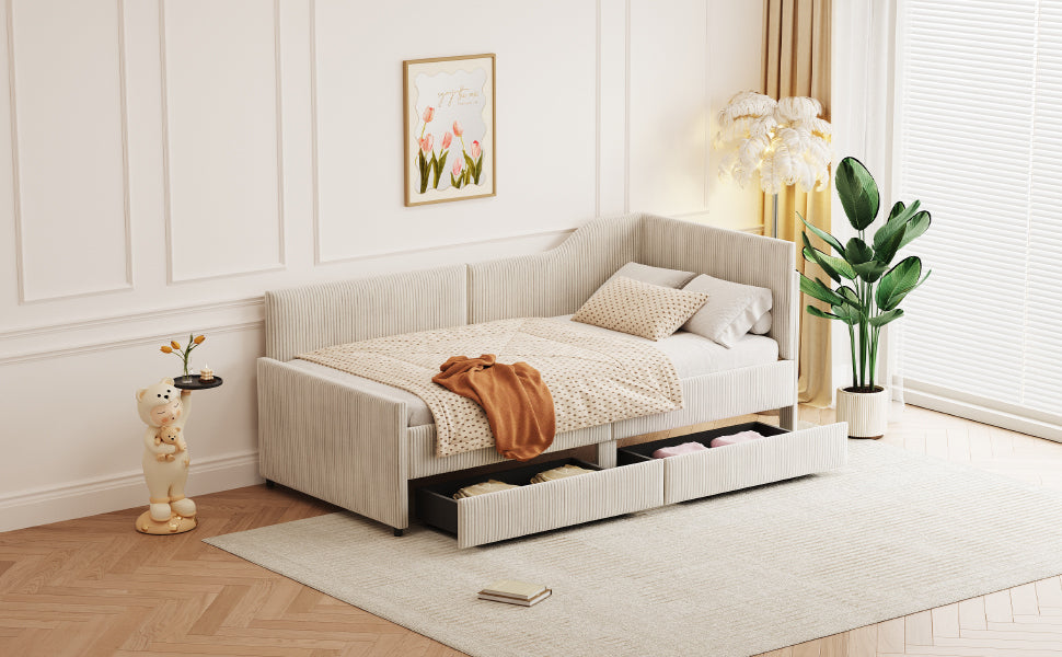 Twin Size L-Shaped Corduroy Daybed,Upholstered Bed Frame with  2 Storage Drawers, Beige