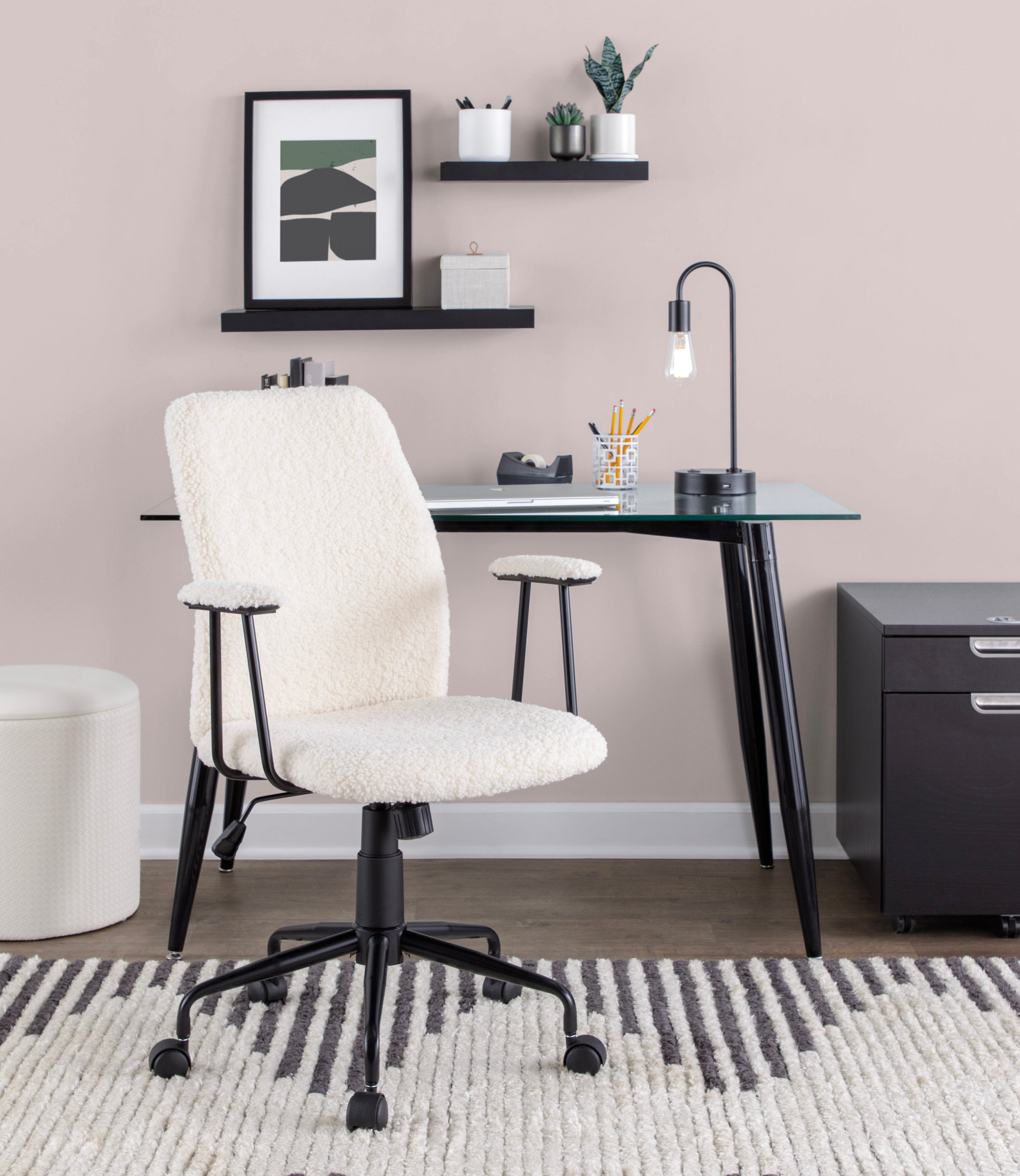 Contemporary Office Chair - Black Metal and White Sherpa Fabric