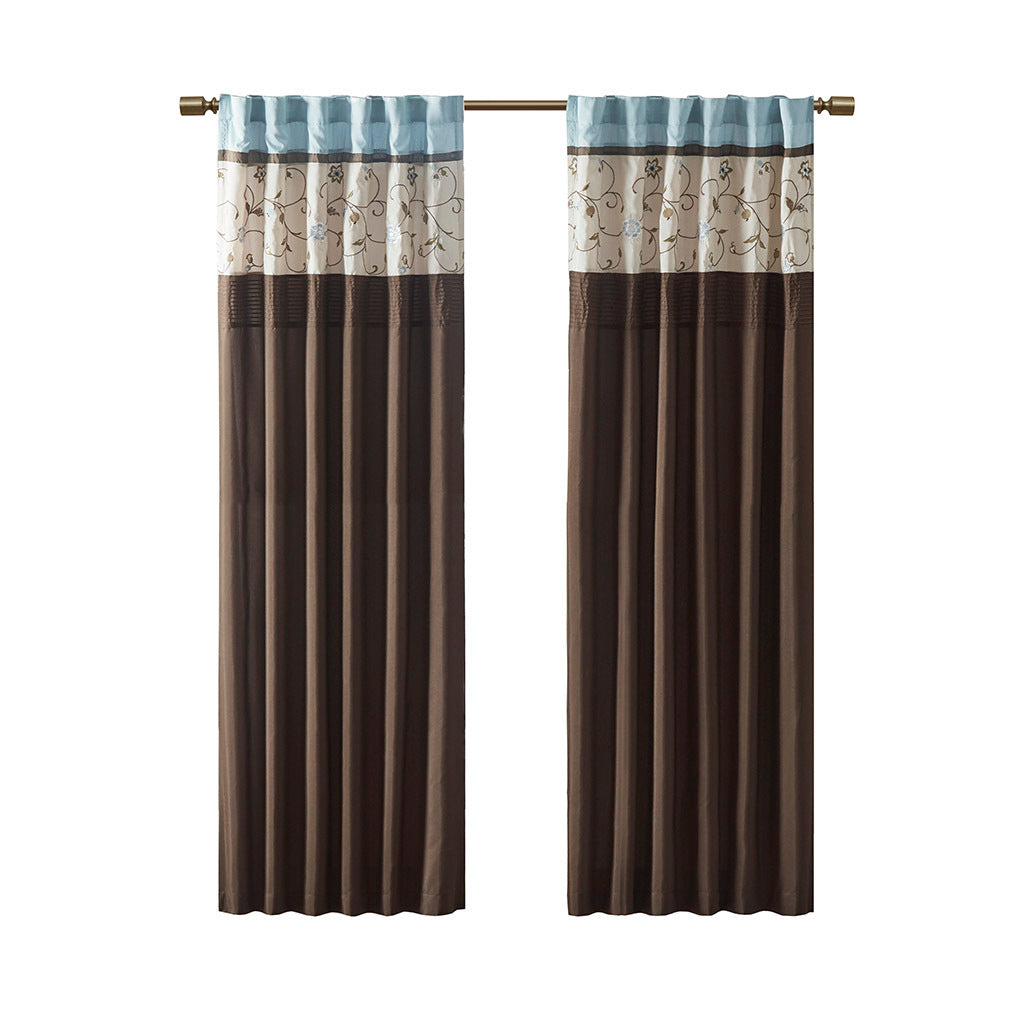 Embroidered Curtain Panel - Blue/ Brown