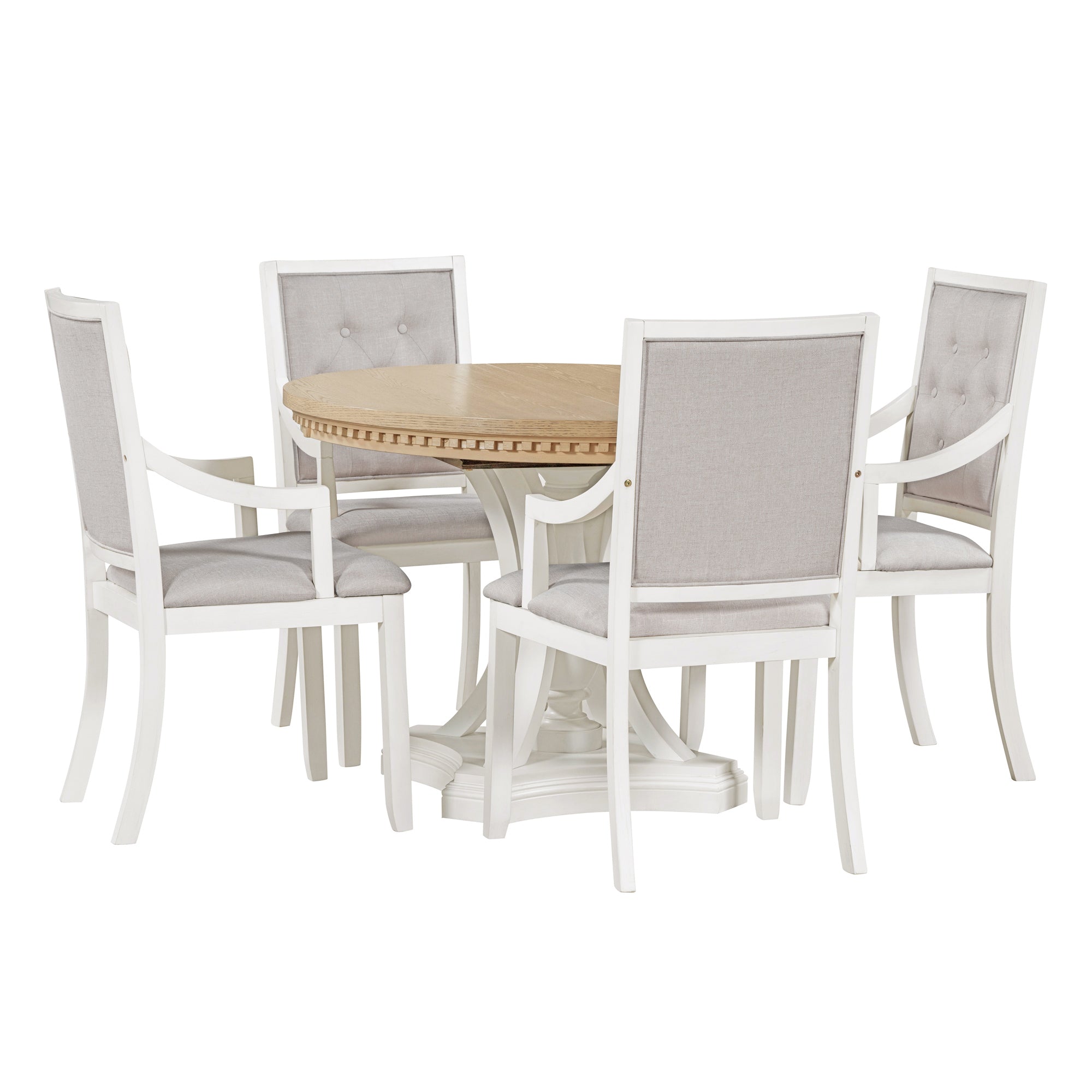 Retro 5-piece Dining Set Extendable Round Table and 4 Chairs - Oak Natural Wood + Antique White