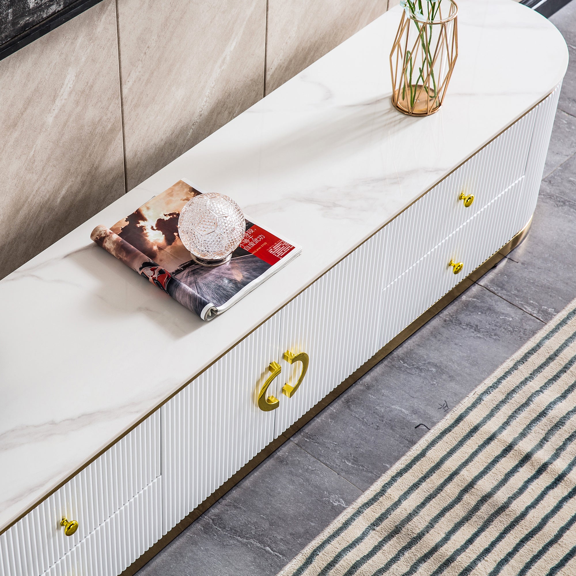 White Sintered Stone TV Stand, Media Console Television Table