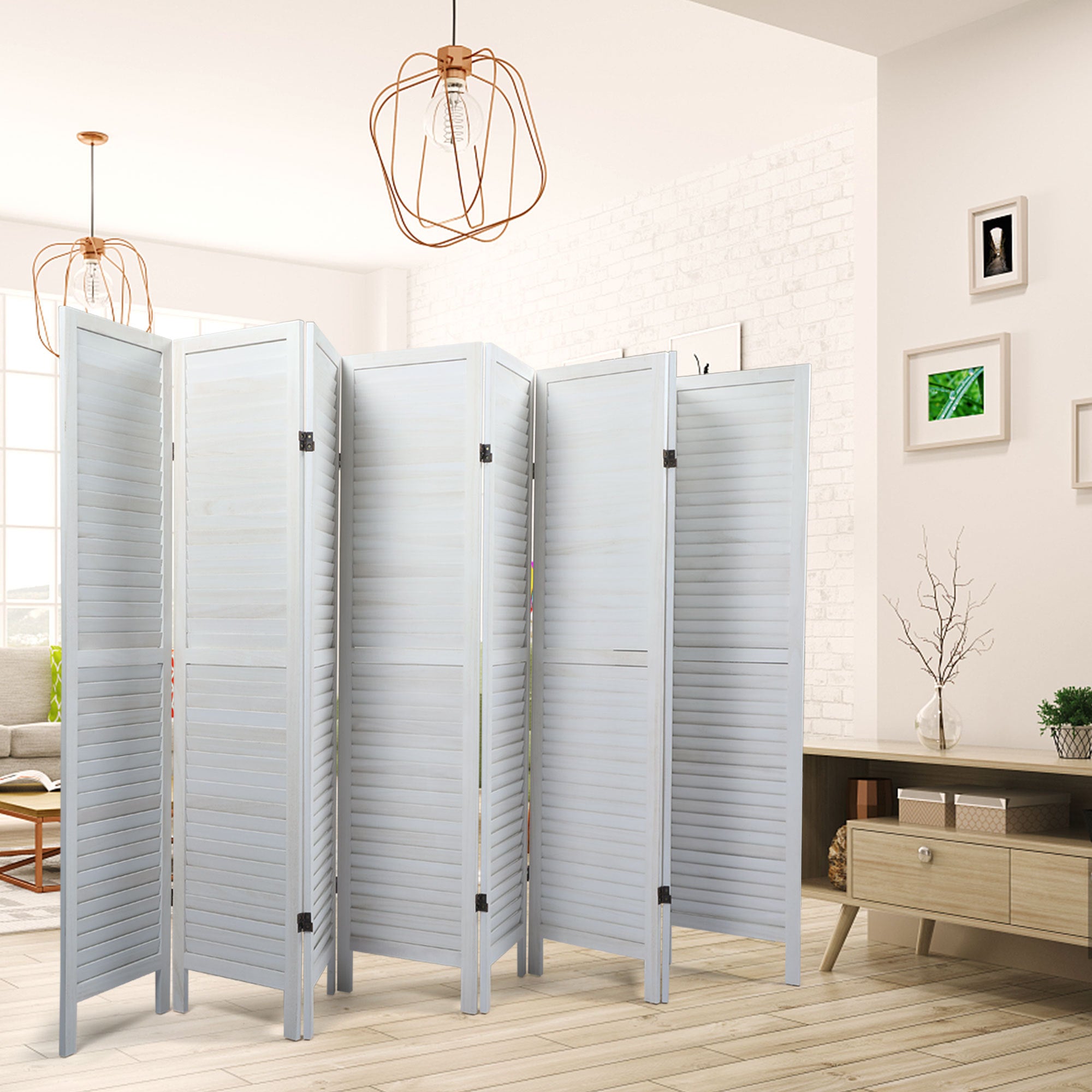 8 Panel Screen Folding Louvered Room Divider - White