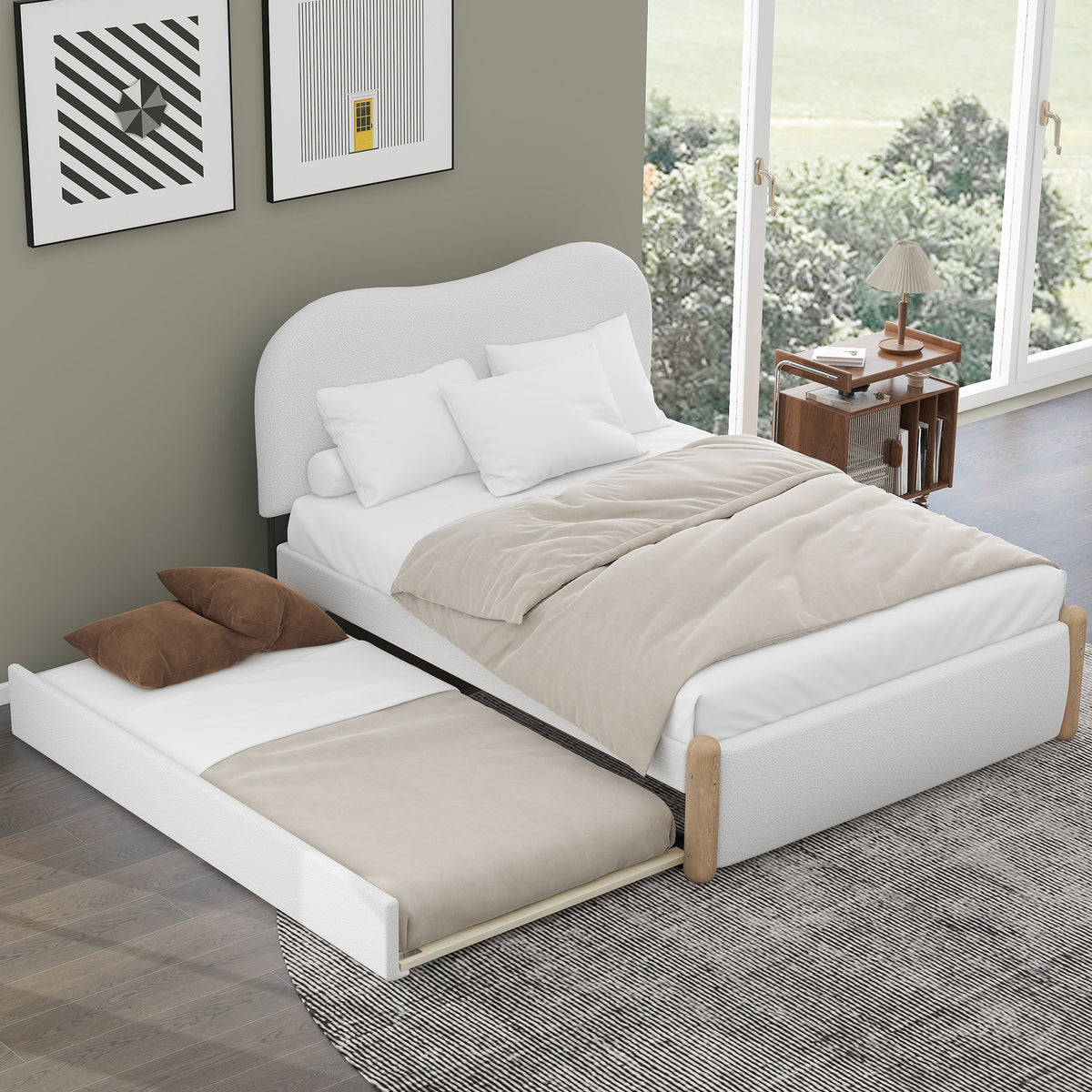 Contemporary Full Size Upholstered Platform Bed with Wood Supporting Feet and Twin Size Trundle, White Berber Fleece
