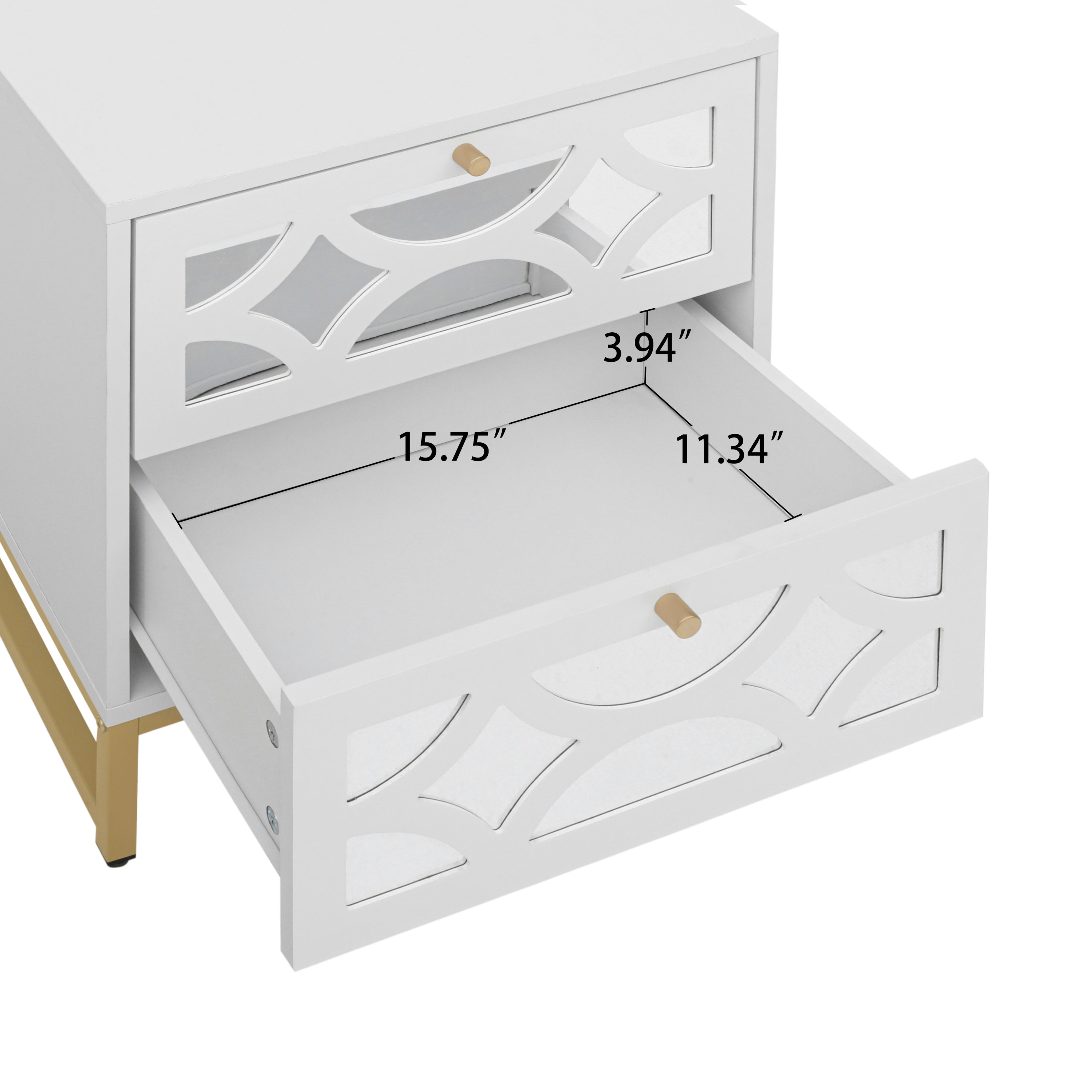 Set of 2 - Small Bedside Table with 2 Drawers, White Mirrored Nightstand with Gold Legs