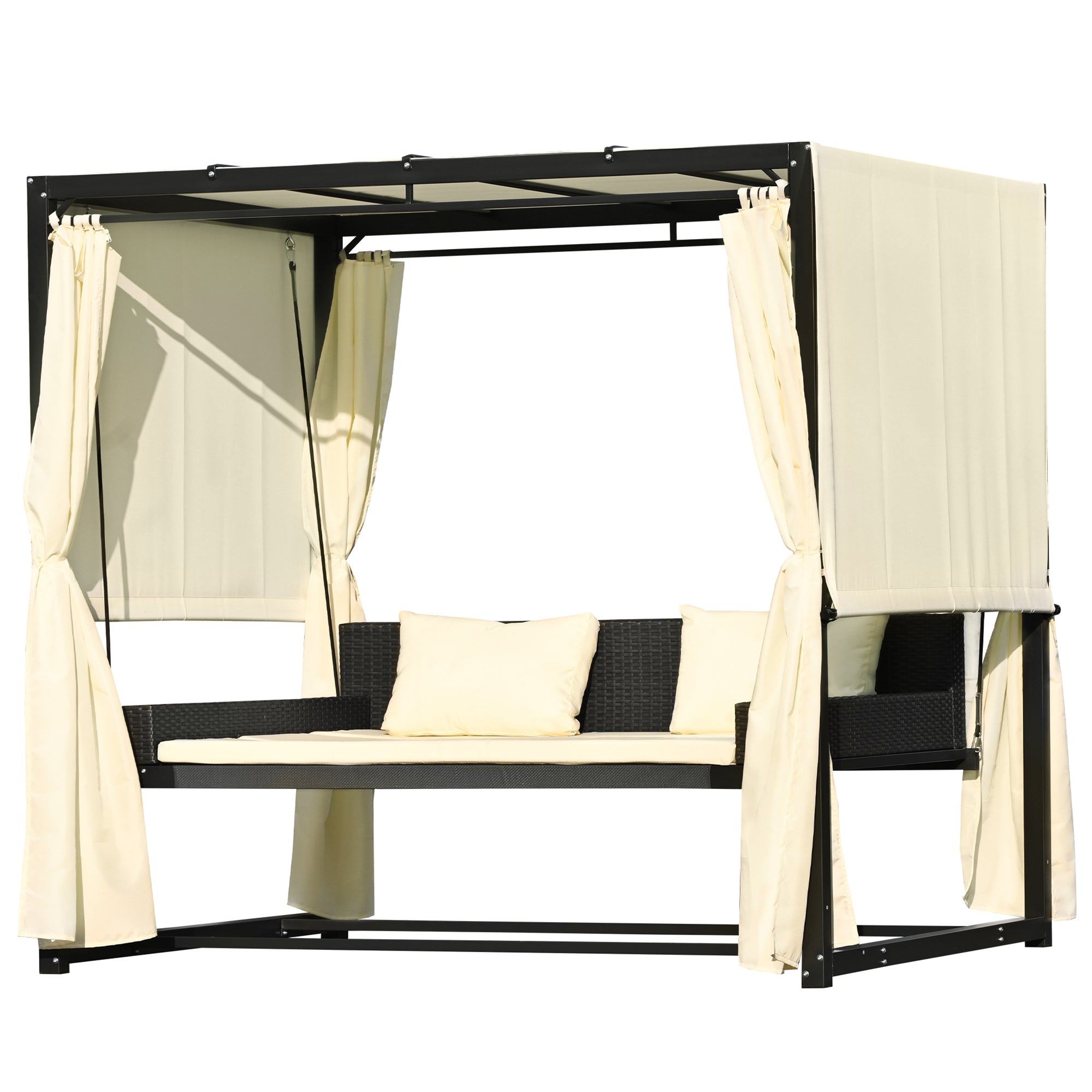 Outdoor Swing Bed for 2-3 People, Adjustable Curtains - Beige