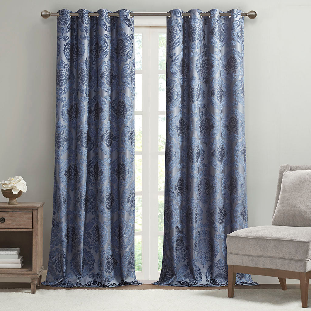 50x84" Knitted Jacquard Paisley Total Blackout Grommet Top Curtain Panel - Navy