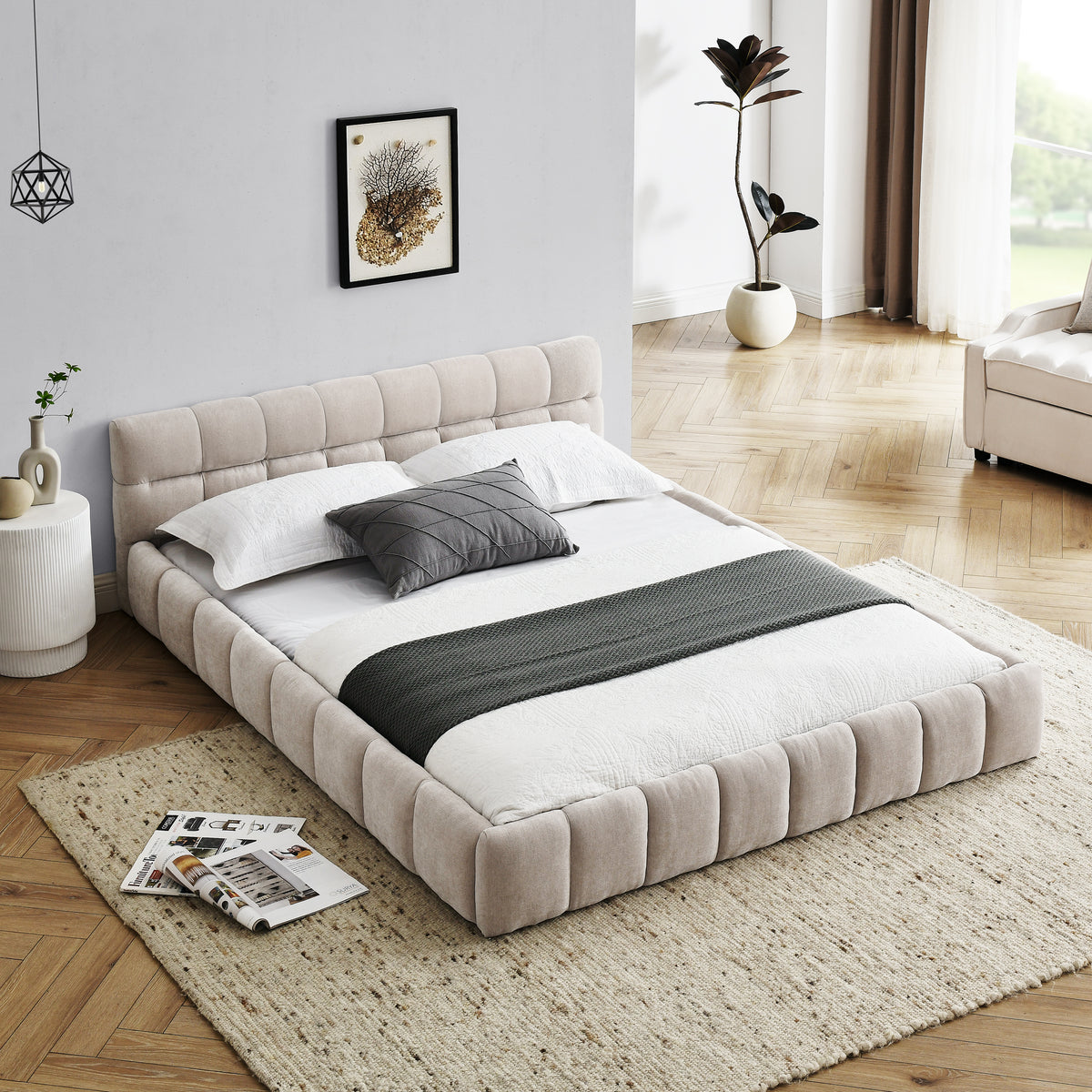 Queen Size Upholstered Bed Frame with Thick Fabric, Chenille Fabric Grounded Queen Size Platform Bed with Headboard and Solid Frame. No Box Spring Needed, Beige(68''x86.5''x23.5'')