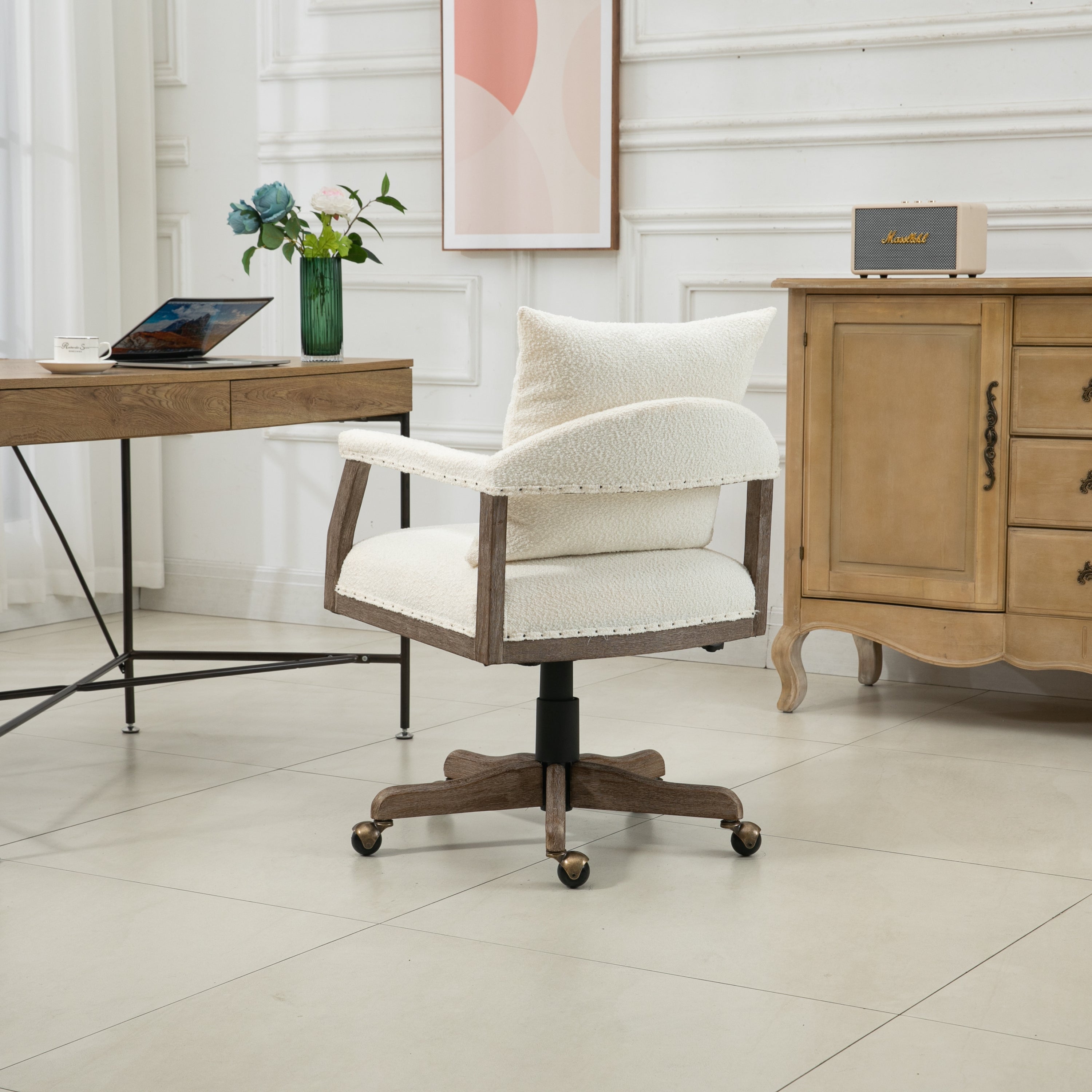 Office Chair Adjustable Swivel Chair Fabric Seat Home Study Chair - Beige
