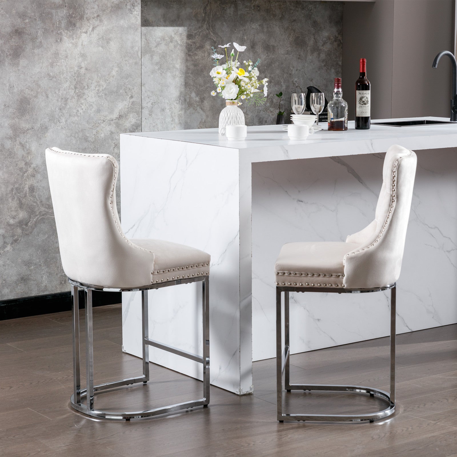 Modern Velvet Barstools 26" Counter Height Bar Stools (Set of 2) - Beige