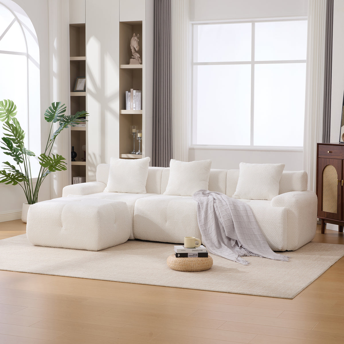 104.3' 4-Piece L Shaped Upholstered Modular Sectional Sofa, Oversized 3-Seater Boneless Convertible Cloud Tufted Couch Set with Deep Seat & Movable Ottoman 3 Pillows for Living Room,No Assembly, Ivory