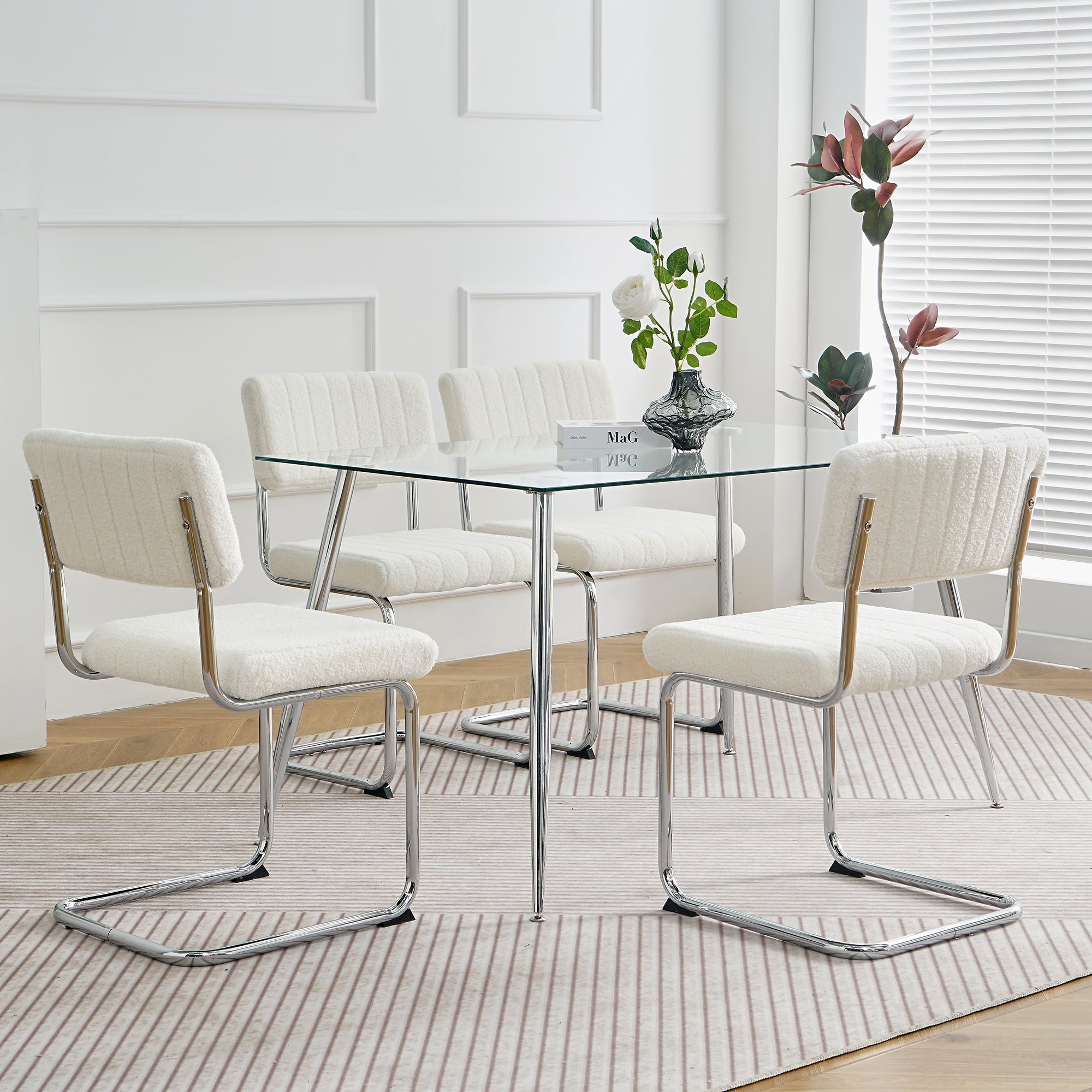 Luxury Dining Chairs with Silver Metal Legs (Set of 4) - White