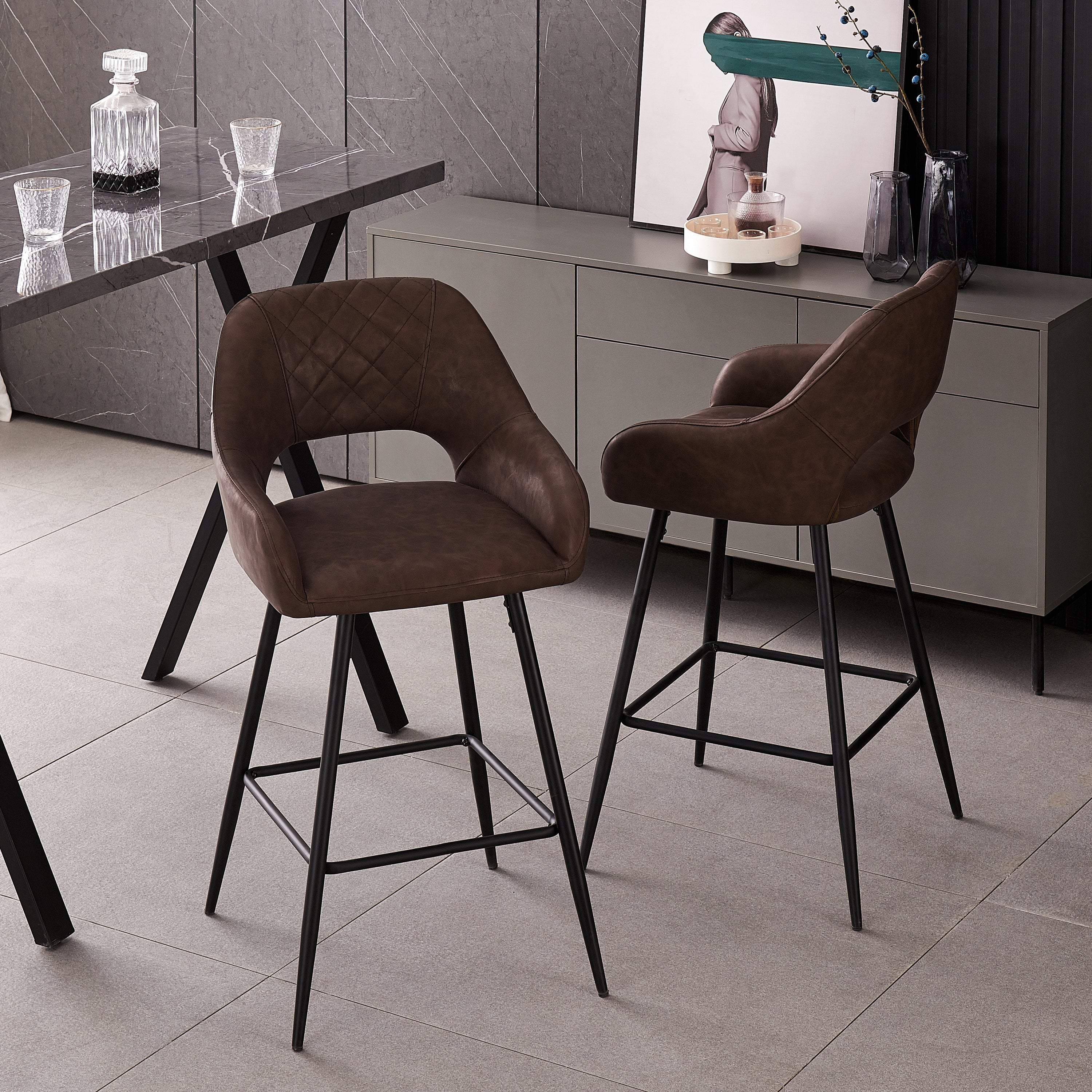 Bar Stools Set of 2 Leather Brown Breakfast Dining Bar Stools Fixed Height Bar Chairs with Metal Frame and Footrest