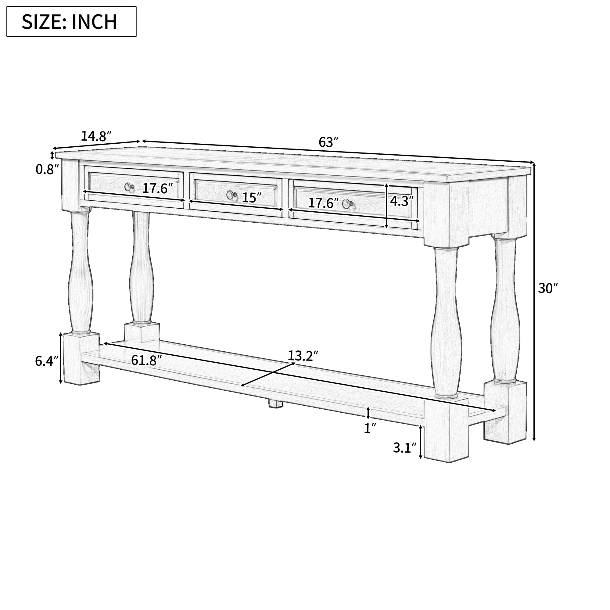 63" Long Console Table with Drawers and Shelf for Entryway, Hallway, Living Room - Antique White