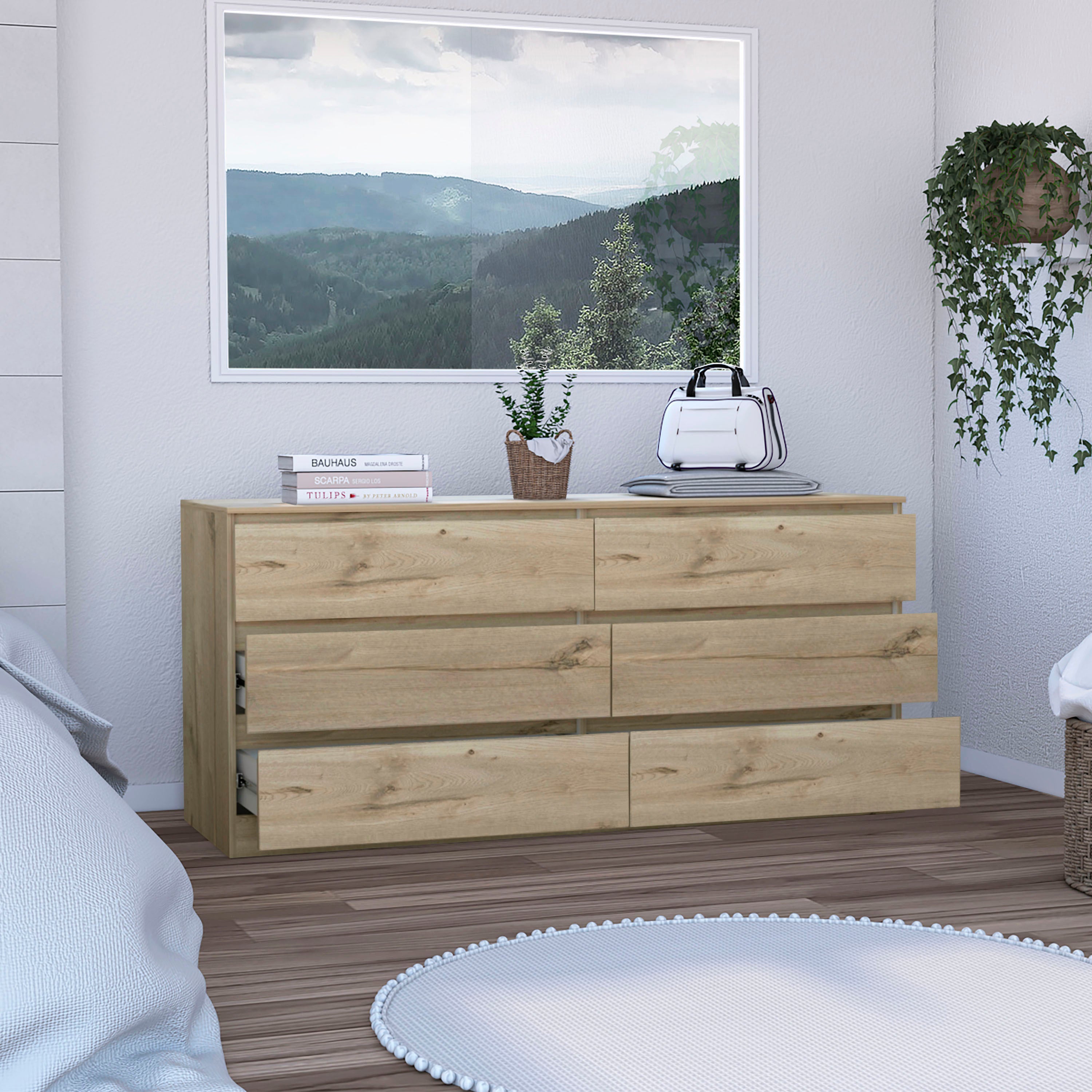 6 Drawer Double Dresser - Light Oak / White