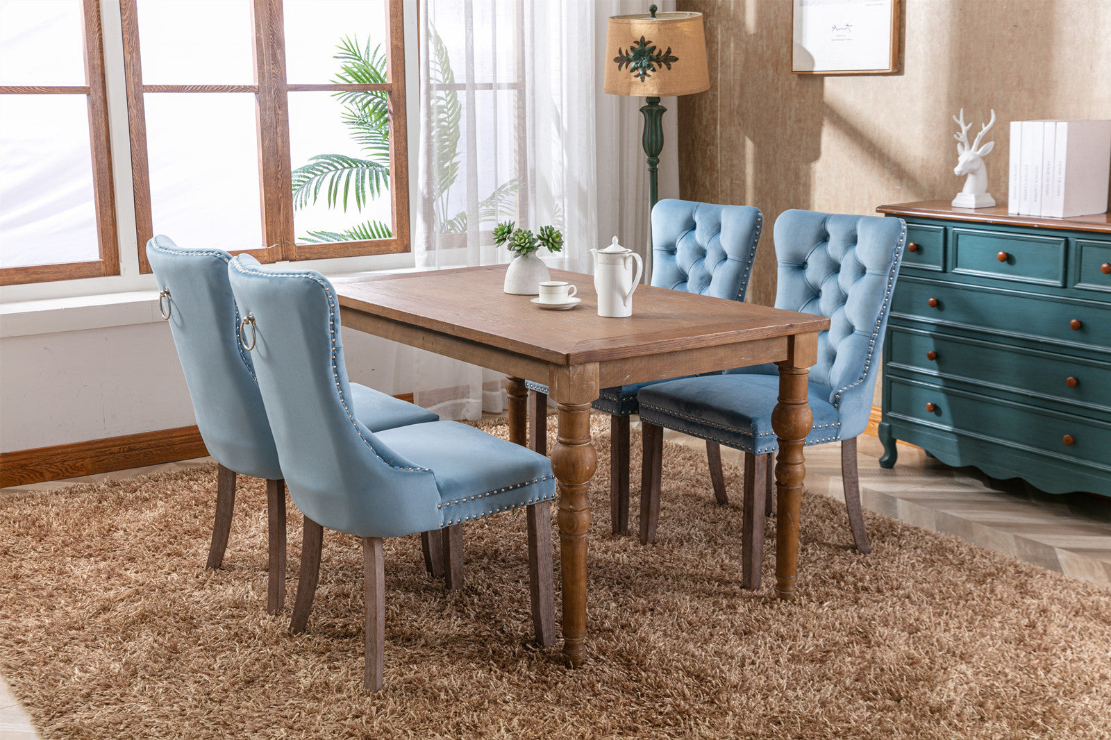 High-end Tufted Solid Wood Contemporary Velvet Upholstered Dining Chair with Wood Legs Nailhead Trim 2-Pcs Set, Light Blue